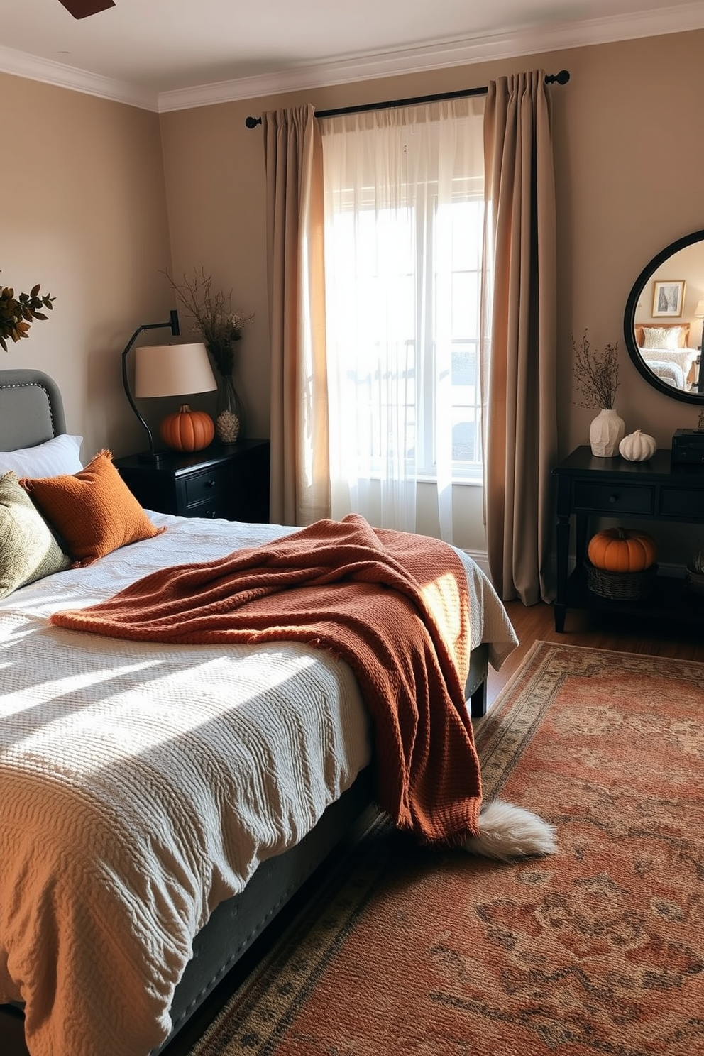 A cozy fall bedroom setting. The room features a plush bed with a warm, textured blanket and an array of decorative pillows in autumn hues. Soft area rugs are layered on the hardwood floor, adding warmth and comfort to the space. Natural light filters through sheer curtains, illuminating the rich colors of the room.