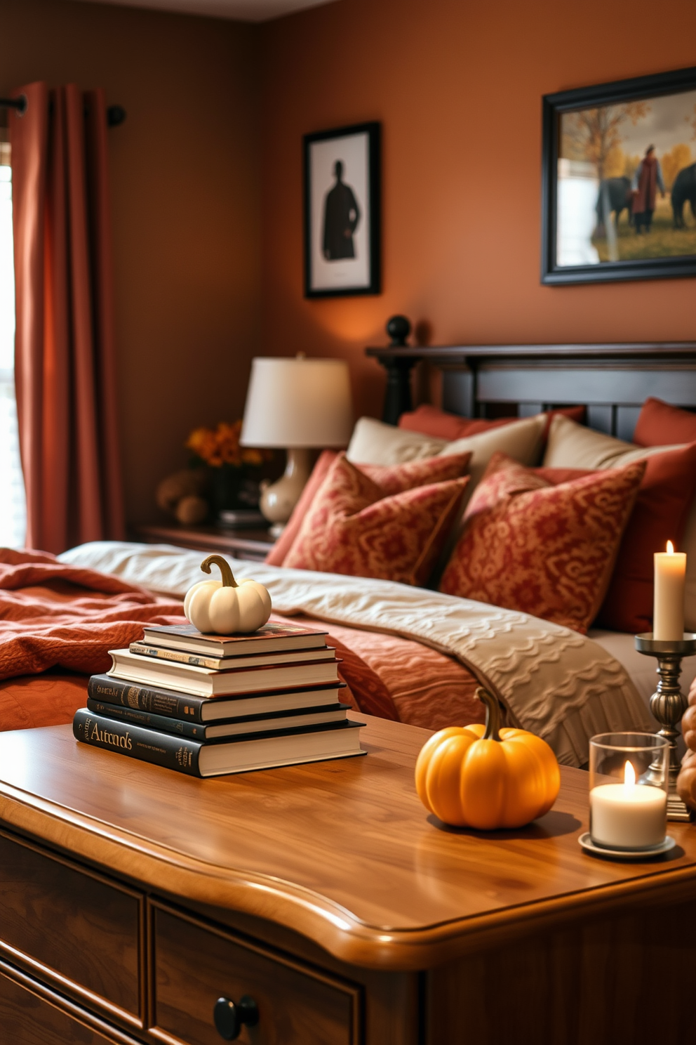 A cozy fall bedroom featuring a warm color palette with deep oranges and rich browns. The bed is adorned with layered blankets and seasonal throw pillows, while a stack of autumn-themed books sits on the nightstand. A decorative pumpkin is placed on the dresser alongside a flickering candle. Soft, ambient lighting creates a welcoming atmosphere, enhancing the seasonal decor throughout the space.