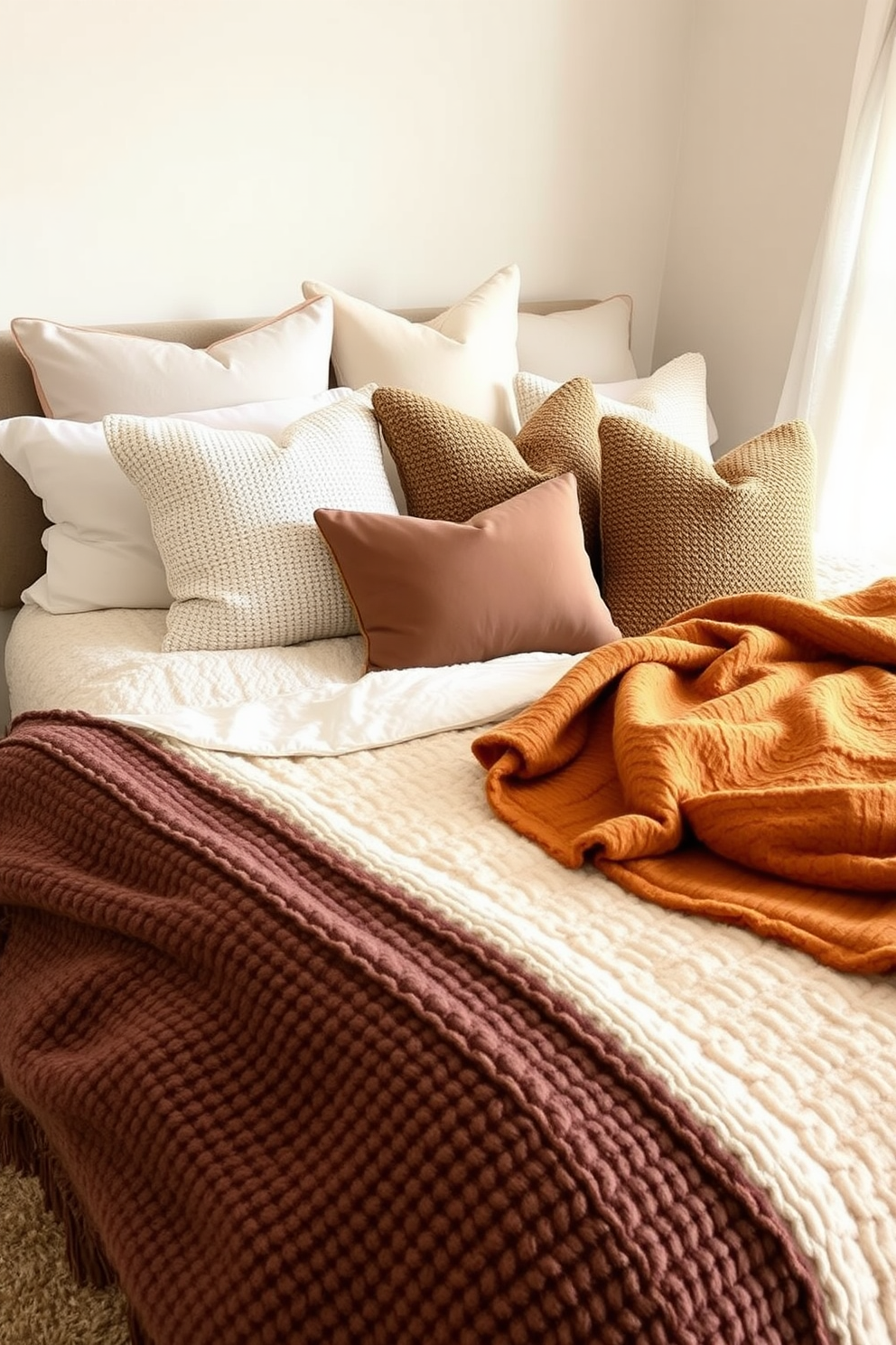 A cozy fall bedroom setting featuring a plush bed layered with various textured blankets in warm earth tones. Soft pillows in complementary shades are arranged at the head of the bed, creating an inviting atmosphere for relaxation.