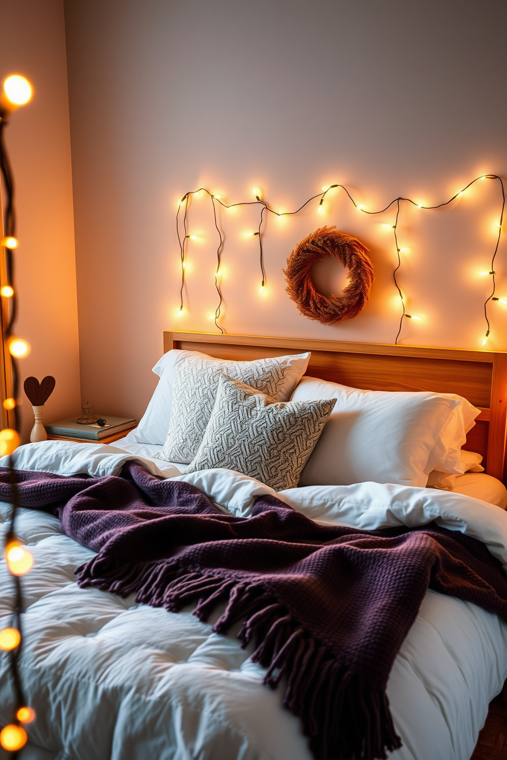 A cozy bedroom ambiance is created by hanging twinkling lights around the bed. The warm glow of the lights enhances the autumnal theme with soft blankets and seasonal decor.