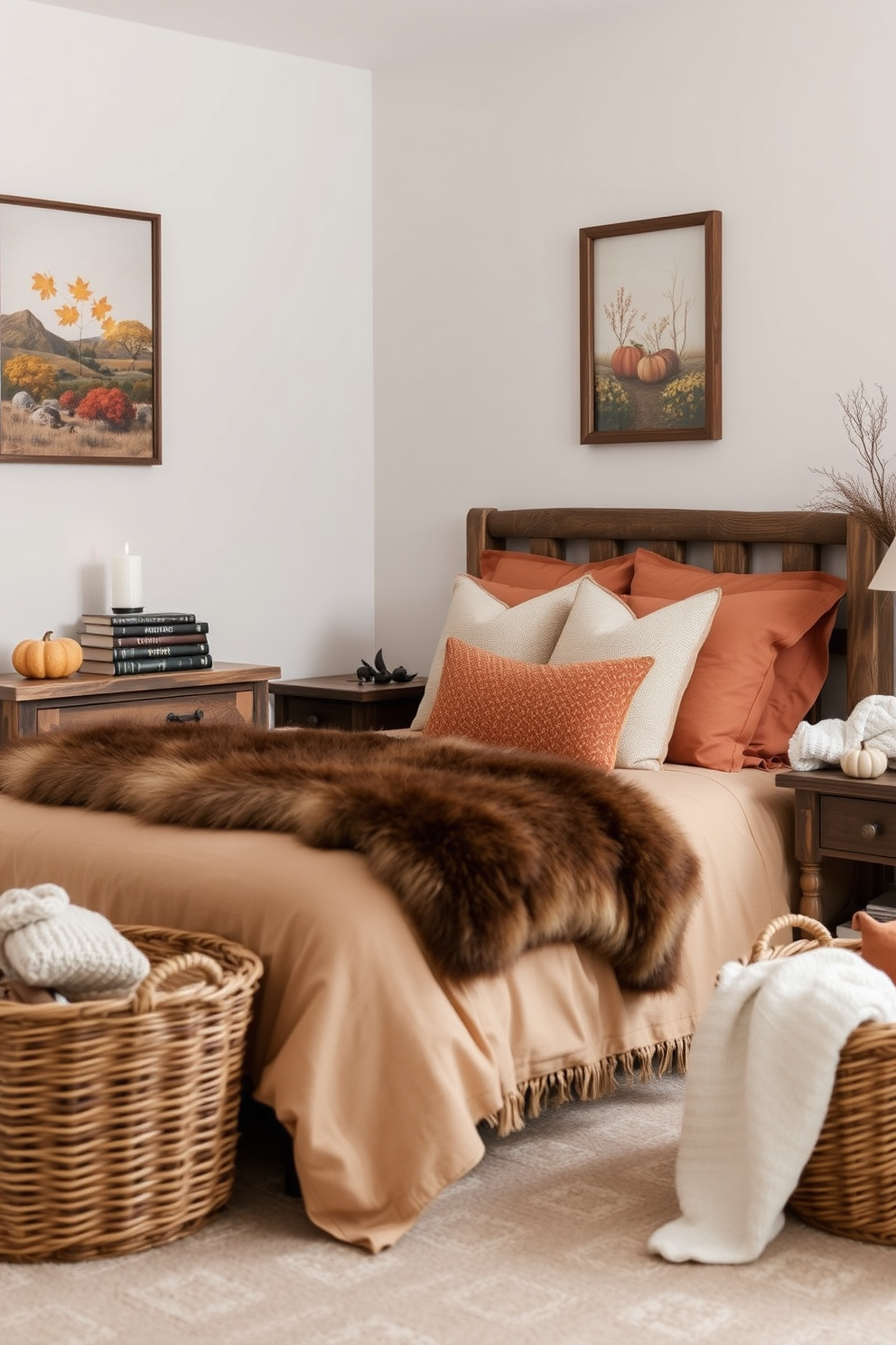 A cozy fall bedroom retreat features a plush bed dressed in warm, earthy tones with layered bedding and a faux fur throw draped across the foot. The walls are adorned with soft, textured fabrics and autumn-inspired artwork, creating an inviting atmosphere. A rustic wooden nightstand holds a glowing candle and a stack of seasonal books, while a woven basket filled with cozy blankets sits in the corner. Soft ambient lighting enhances the warm hues, making the space perfect for relaxation during the crisp fall evenings.