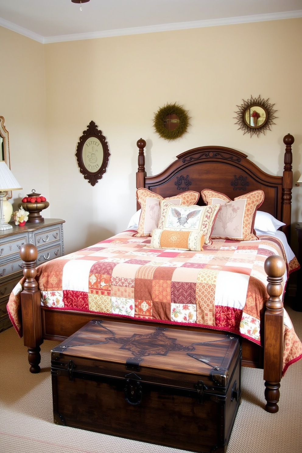 A cozy fall bedroom setting featuring an antique wooden bed frame adorned with a patchwork quilt in warm autumn hues. Vintage finds such as a distressed nightstand and an ornate mirror add character, while a collection of seasonal decorative pillows brings a touch of comfort. The walls are painted in a soft cream color, creating a warm backdrop for the room. A vintage trunk at the foot of the bed serves as both storage and a decorative element, completing the inviting atmosphere.