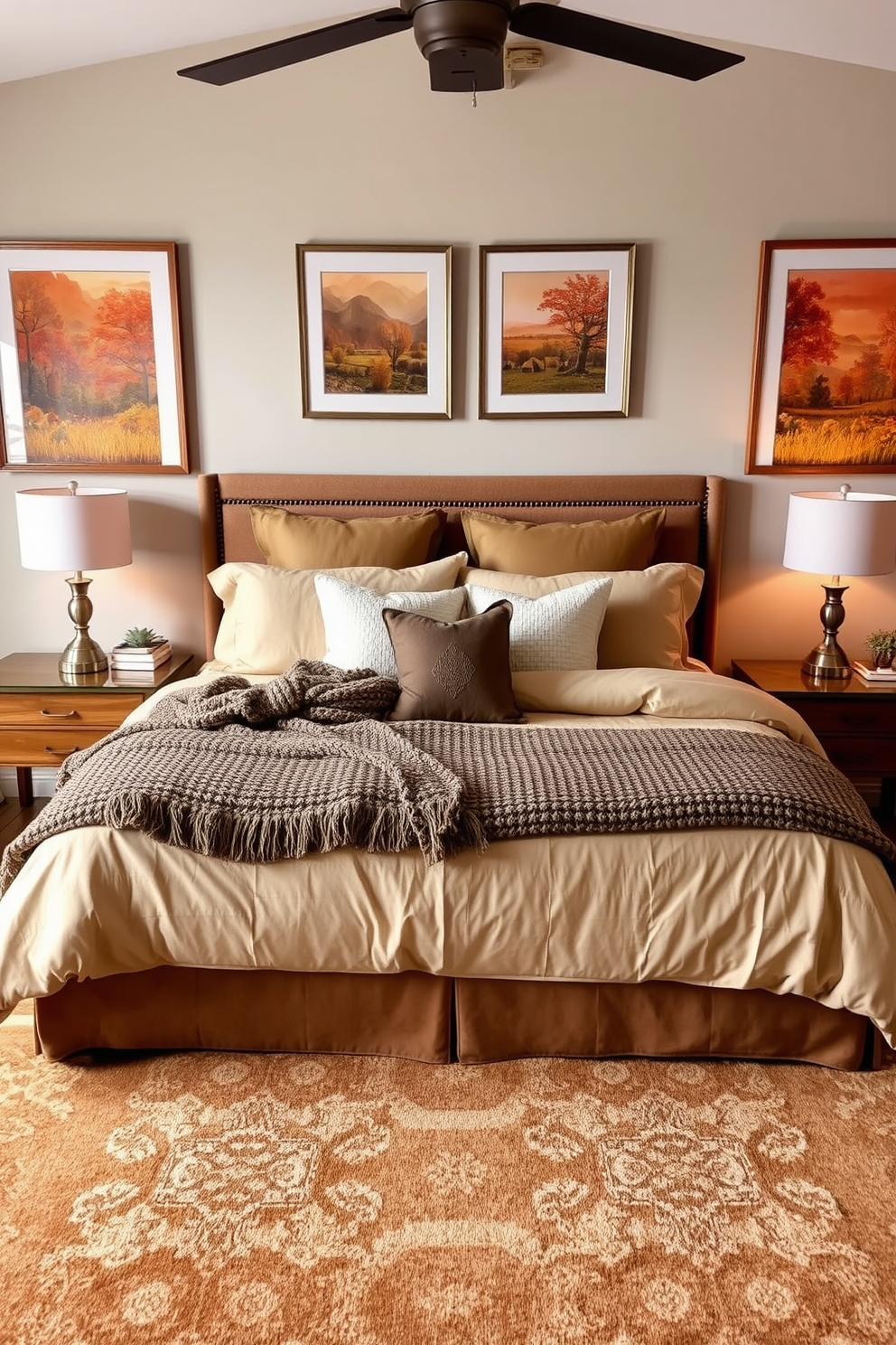 A cozy fall bedroom setting featuring a plush king-sized bed dressed in warm-toned linens and a chunky knit throw. On the walls, there are framed pieces of warm-toned artwork depicting autumn landscapes and seasonal foliage. A wooden nightstand on either side of the bed holds stylish table lamps with soft, ambient lighting. A large area rug in earthy tones anchors the space, while decorative pillows add texture and comfort to the bedding.