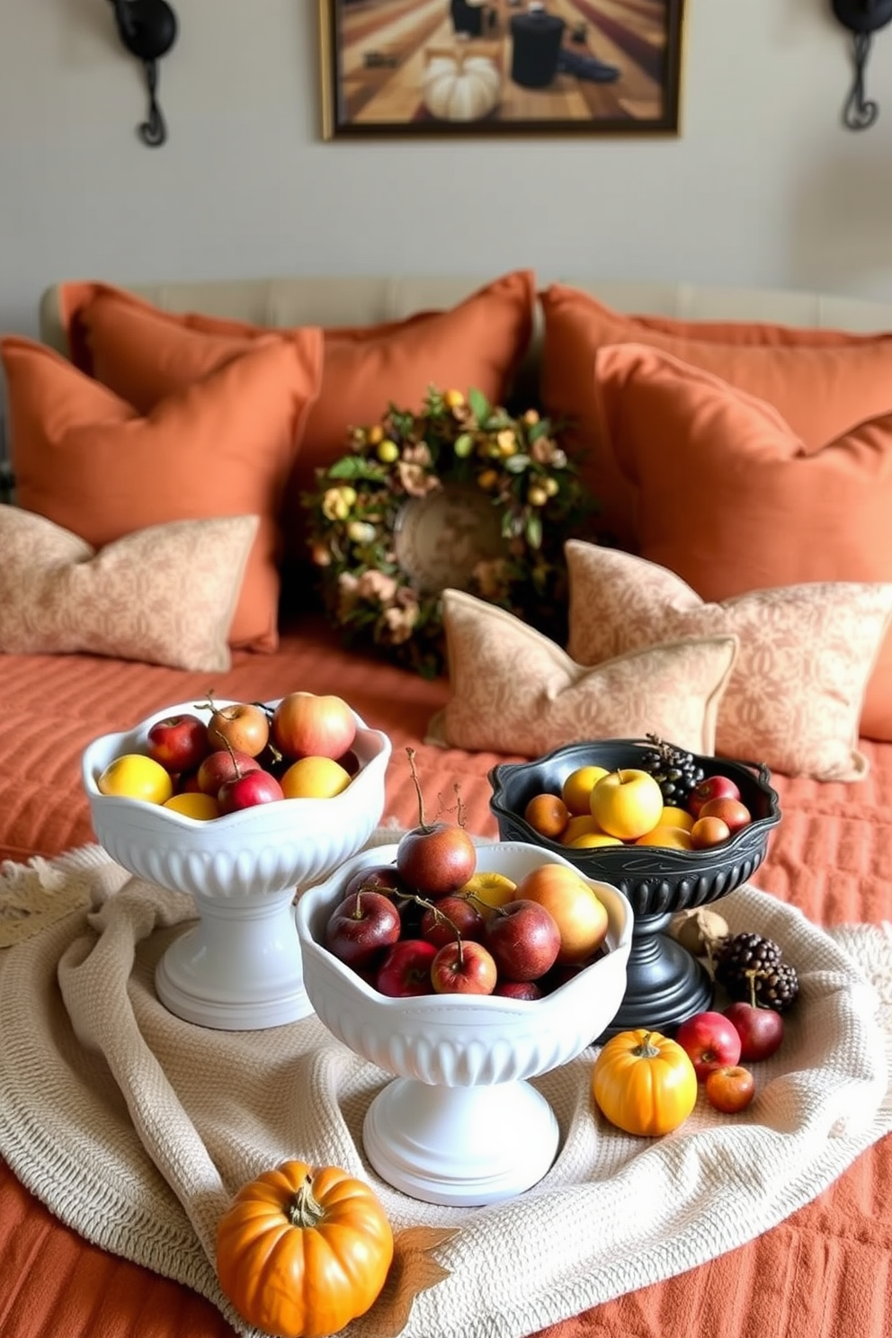 A cozy fall bedroom setting featuring a beautifully arranged display of seasonal fruits in elegant bowls. The room is adorned with warm-toned bedding, soft throw pillows, and rustic decor that captures the essence of autumn.