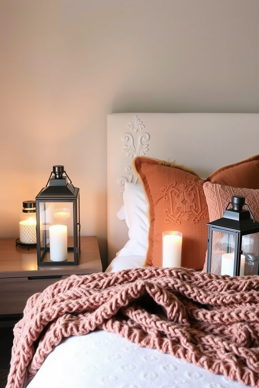 Create a cozy ambiance with soft lighting from decorative lanterns placed on nightstands. The bedding features warm, earthy tones with plush textures, complemented by a knitted throw draped over the foot of the bed.