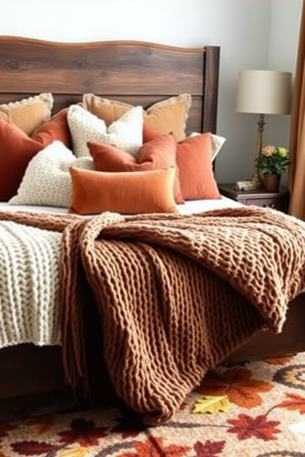 A cozy fall bedroom setting with warm tones and layered textures. The bed is adorned with a chunky knit blanket and an assortment of plush pillows in earthy colors. A wooden headboard adds a rustic charm, while a soft area rug in autumn hues anchors the space. A small indoor plant sits on the nightstand, bringing a touch of freshness to the inviting atmosphere.