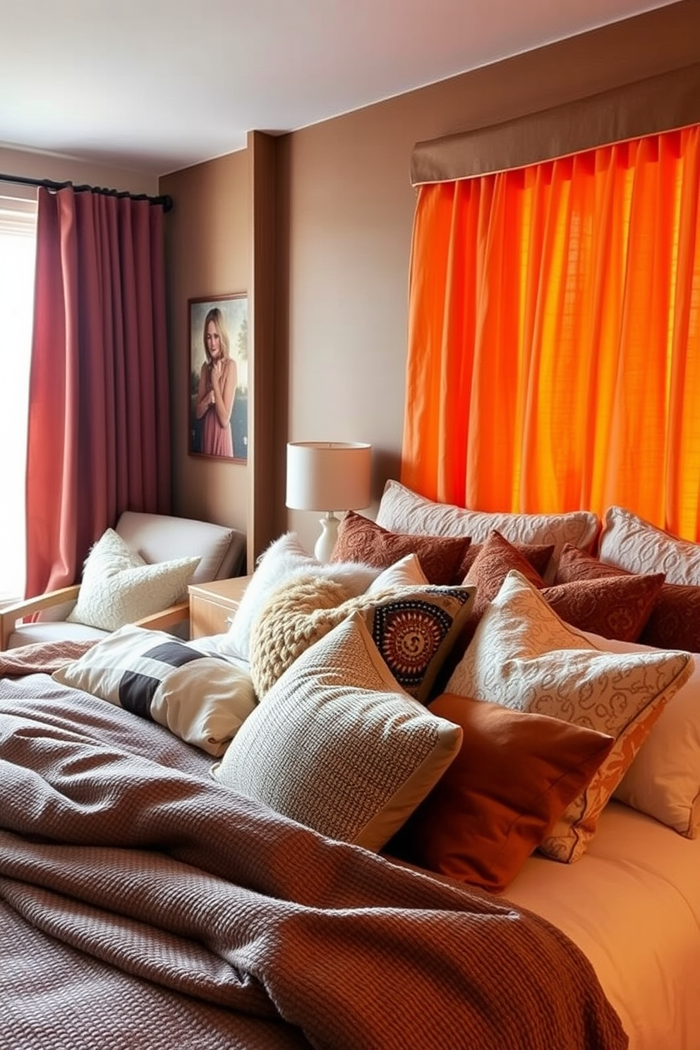 A cozy fall bedroom setting. The room features layered curtains in warm hues that frame the window, adding depth and warmth to the space. A plush bed is dressed in soft, textured bedding with autumnal colors. Decorative pillows in various patterns and sizes are arranged artfully, inviting relaxation and comfort.