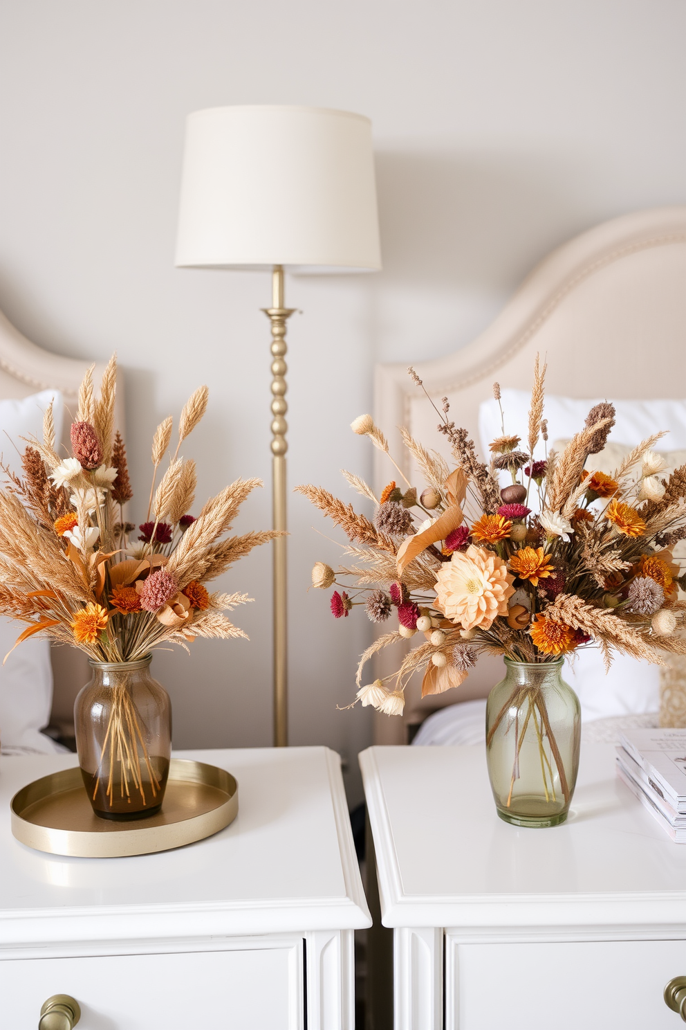 Dried floral arrangements are artistically placed on elegant nightstands, adding a touch of natural beauty to the space. The warm hues of fall are reflected in the carefully chosen flowers, creating a cozy and inviting atmosphere for the bedroom.