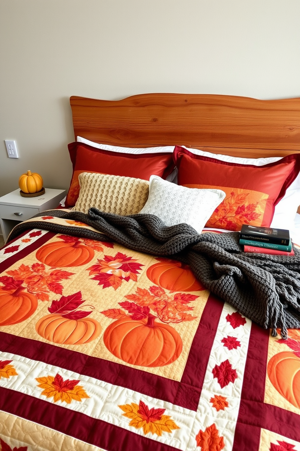 A cozy bedroom setting adorned with a fall-themed quilt featuring warm hues of orange, red, and yellow. The bed is dressed with plush pillows and a knitted throw, creating an inviting atmosphere perfect for the season. On the wall above the bed, a rustic wooden headboard complements the autumnal decor. A small bedside table holds a pumpkin-shaped candle and a stack of seasonal books, enhancing the fall ambiance.