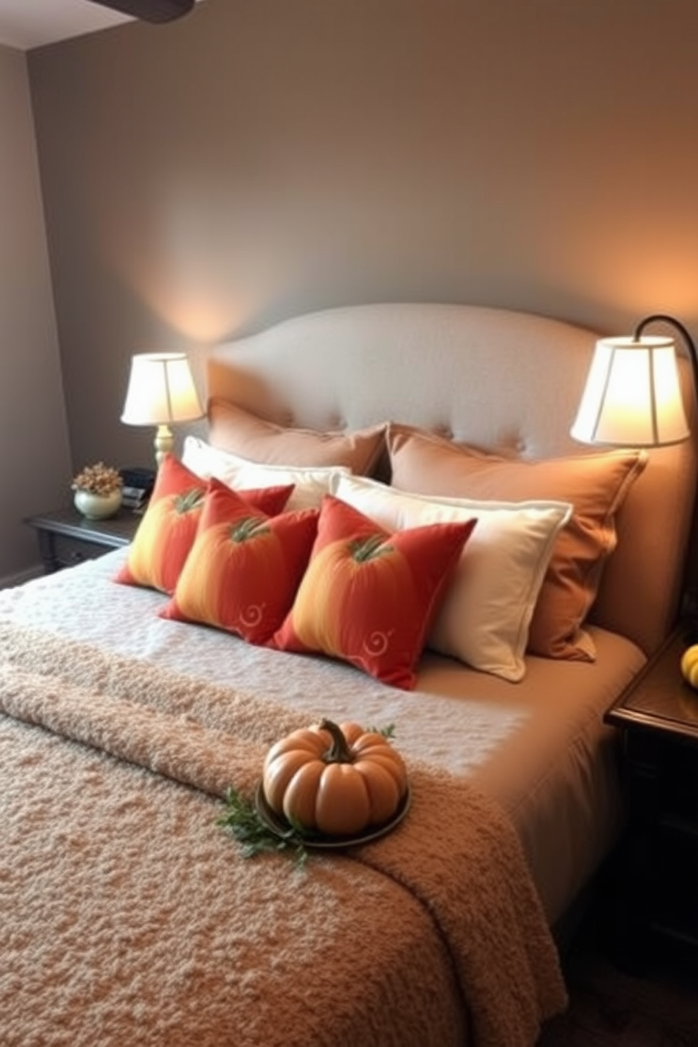 A cozy bedroom adorned with pumpkin-themed decorative pillows in warm autumn hues. The pillows are arranged on a plush, neutral-colored bedspread, creating a welcoming and seasonal atmosphere. Around the room, soft lighting from bedside lamps casts a warm glow, enhancing the inviting feel. A small pumpkin centerpiece rests on the nightstand, adding a charming touch to the fall decor.