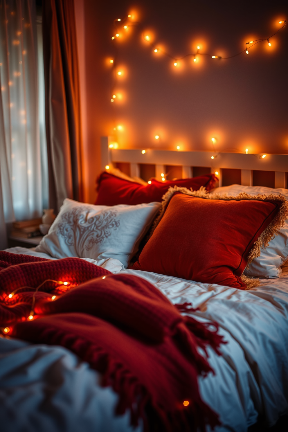 A cozy fall bedroom setting illuminated by soft ambient lighting created with delicate fairy lights. The warm glow enhances the rich autumnal colors of the bedding and decorative pillows, inviting relaxation and comfort.