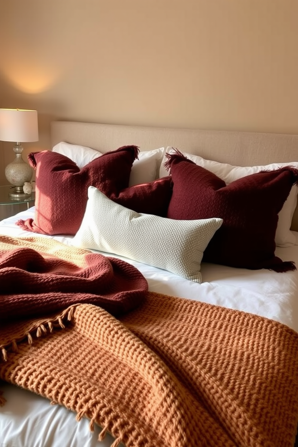 A warm and inviting fall bedroom setting. The bed is adorned with layered textured throws in rich earth tones, creating a cozy atmosphere. Soft lighting from bedside lamps casts a gentle glow, enhancing the warmth of the space. Decorative pillows in complementary colors add depth and comfort to the overall design.