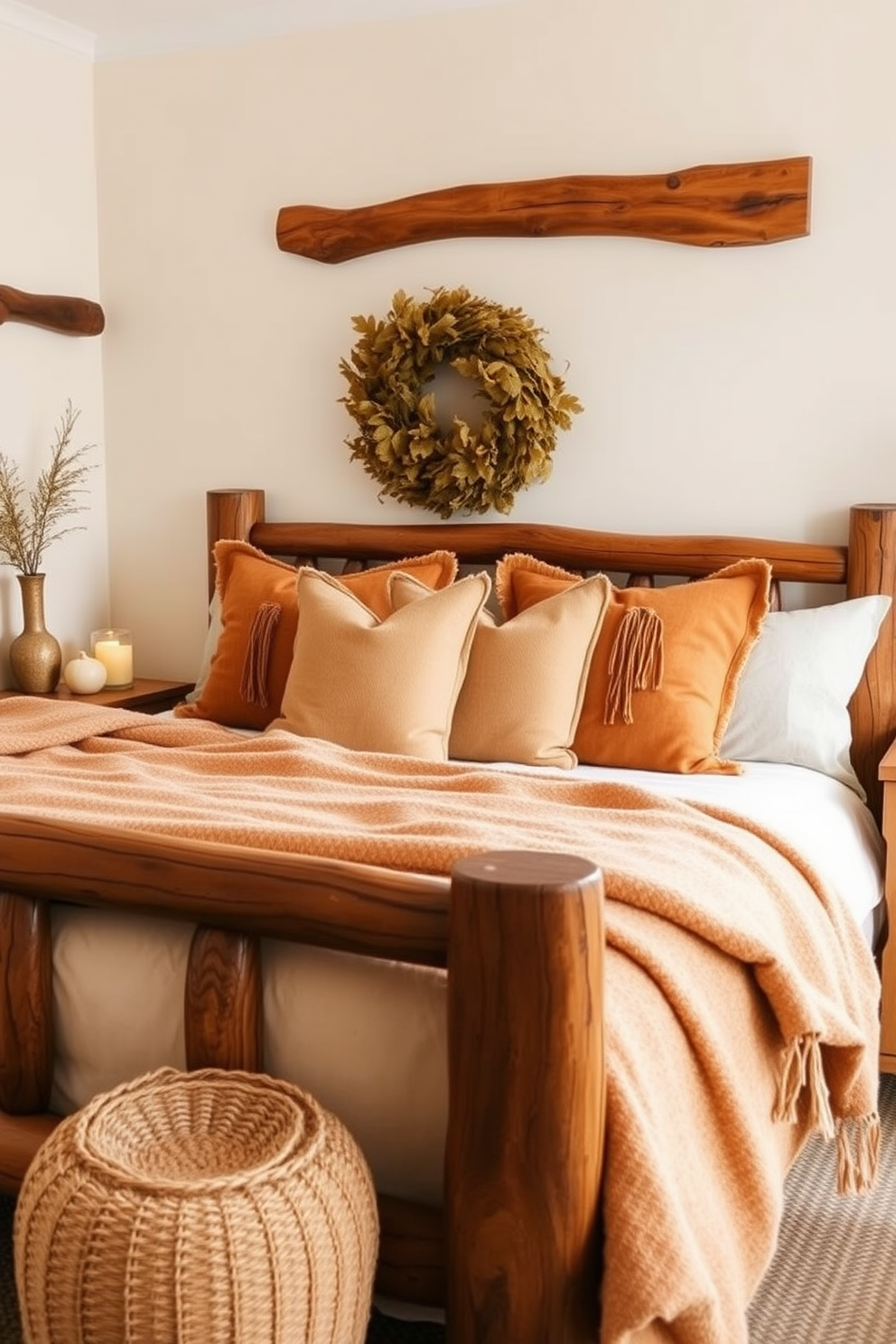 A cozy fall bedroom adorned with natural wood elements. The bed features a rustic wooden frame, layered with warm-toned blankets and plush pillows in earthy hues. On one side of the bed, a wooden nightstand holds a glowing candle and a small potted plant. The walls are painted in a soft cream color, complementing the rich wooden accents throughout the space.