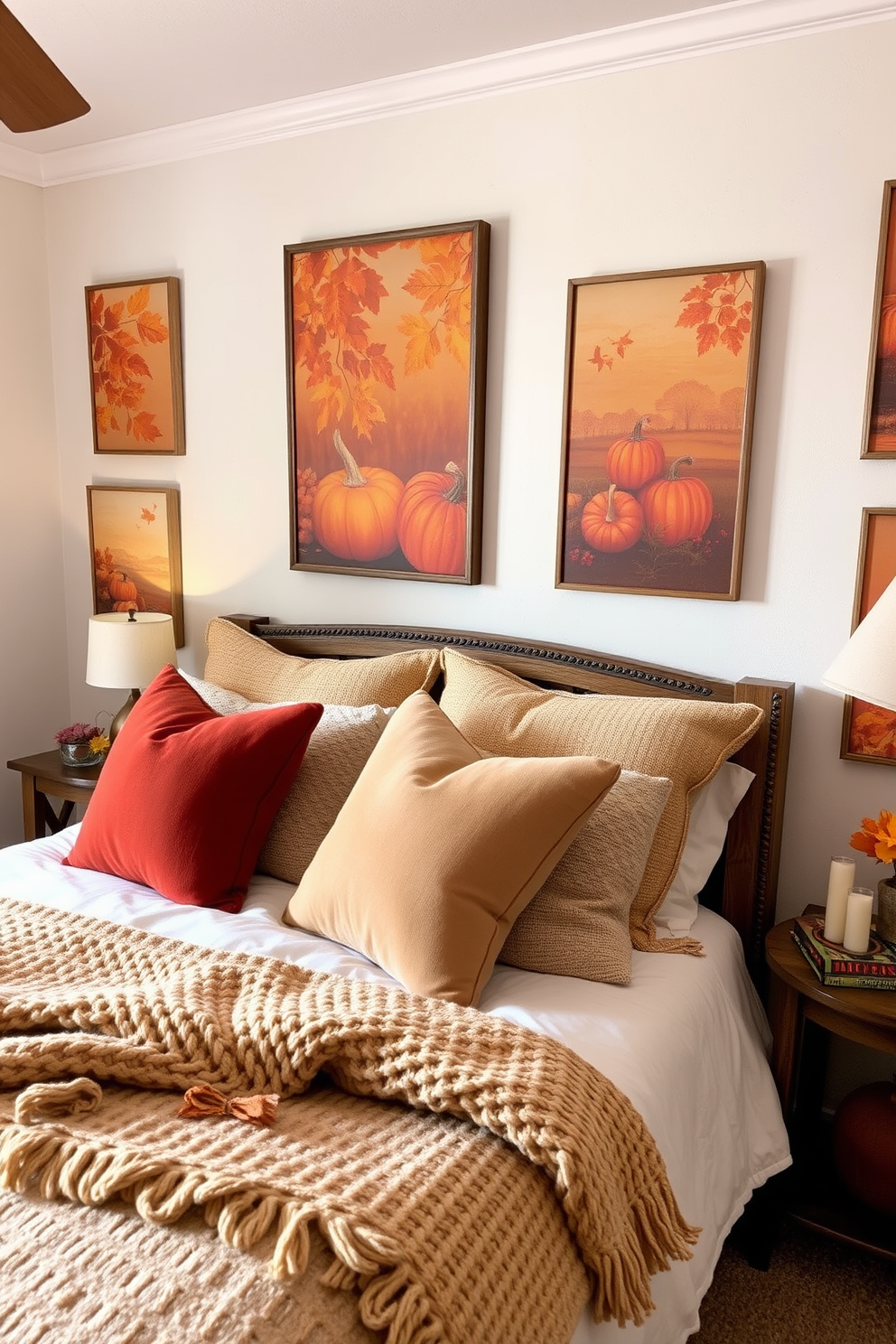 A cozy bedroom adorned with autumn-themed wall art featuring warm hues of orange, red, and yellow. The prints showcase leaves, pumpkins, and harvest scenes, creating a seasonal ambiance. The bedding is layered with soft textures, including a chunky knit throw and plush pillows in earth tones. A rustic wooden headboard complements the decor, while a small side table holds a candle and a seasonal book for added charm.