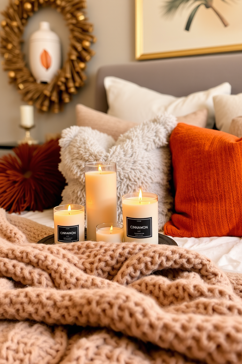 A cozy fall bedroom setting featuring candles in warm scents like cinnamon. The room is adorned with soft, textured blankets and plush pillows in rich autumn colors.