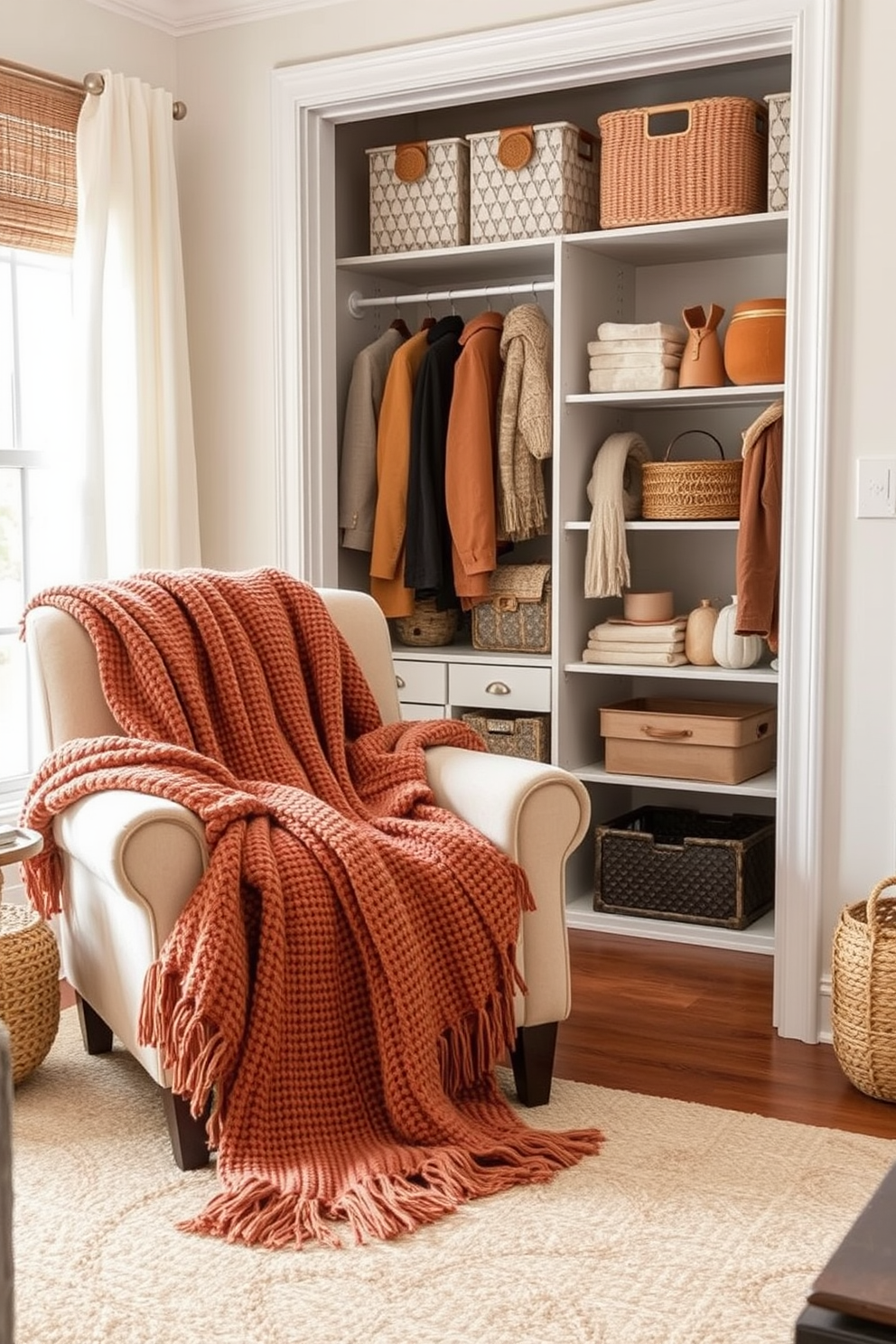 Cozy knit blankets draped over a plush armchair create a warm and inviting atmosphere in a living room. Soft earthy tones and textured patterns enhance the seasonal comfort of the space. Fall closet decorating ideas feature neatly arranged shelves filled with seasonal accessories. Warm colors and natural materials bring a touch of autumn into the organized space.