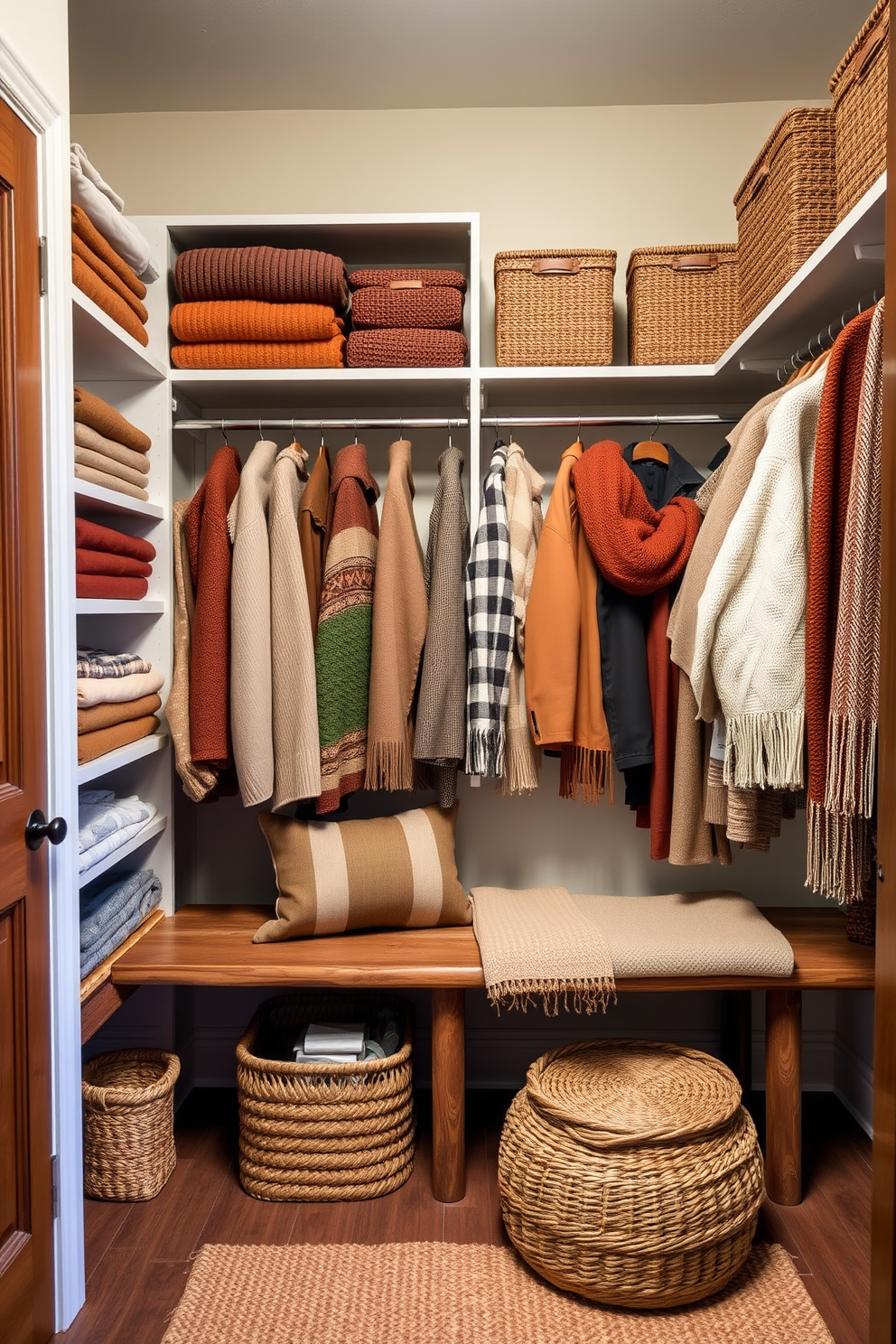 A cozy fall closet filled with an earthy color palette that includes warm browns, muted greens, and soft rust tones. Shelves are adorned with neatly folded sweaters, while hanging space showcases a selection of jackets and scarves in complementary shades. Natural wood elements add warmth, with a rustic bench positioned for seating. Decorative baskets in woven textures provide storage for accessories, creating an inviting and organized space.