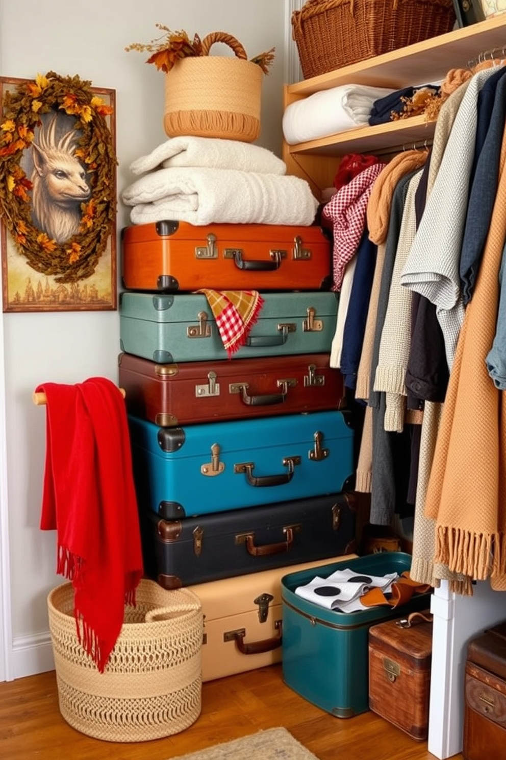 A collection of vintage suitcases stacked creatively in a corner, serving as both stylish storage and a decorative element. The suitcases are in various colors and sizes, adding a pop of character to the room while maintaining a cohesive vintage aesthetic. A cozy fall closet featuring warm tones and layered textures. Soft throws and seasonal decor are arranged alongside neatly organized clothing, creating an inviting atmosphere that reflects the beauty of autumn.