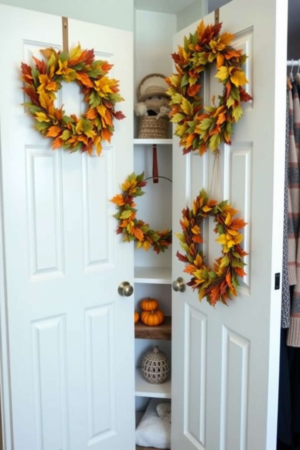 A beautifully styled closet featuring seasonal wreaths hung on the doors. The wreaths are adorned with autumn leaves and small pumpkins, creating a warm and inviting atmosphere.