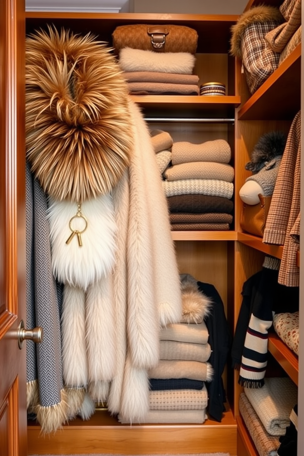 A stylish fall closet adorned with faux fur throws adds a cozy appeal. The closet features warm wooden shelves displaying neatly folded sweaters and seasonal accessories.