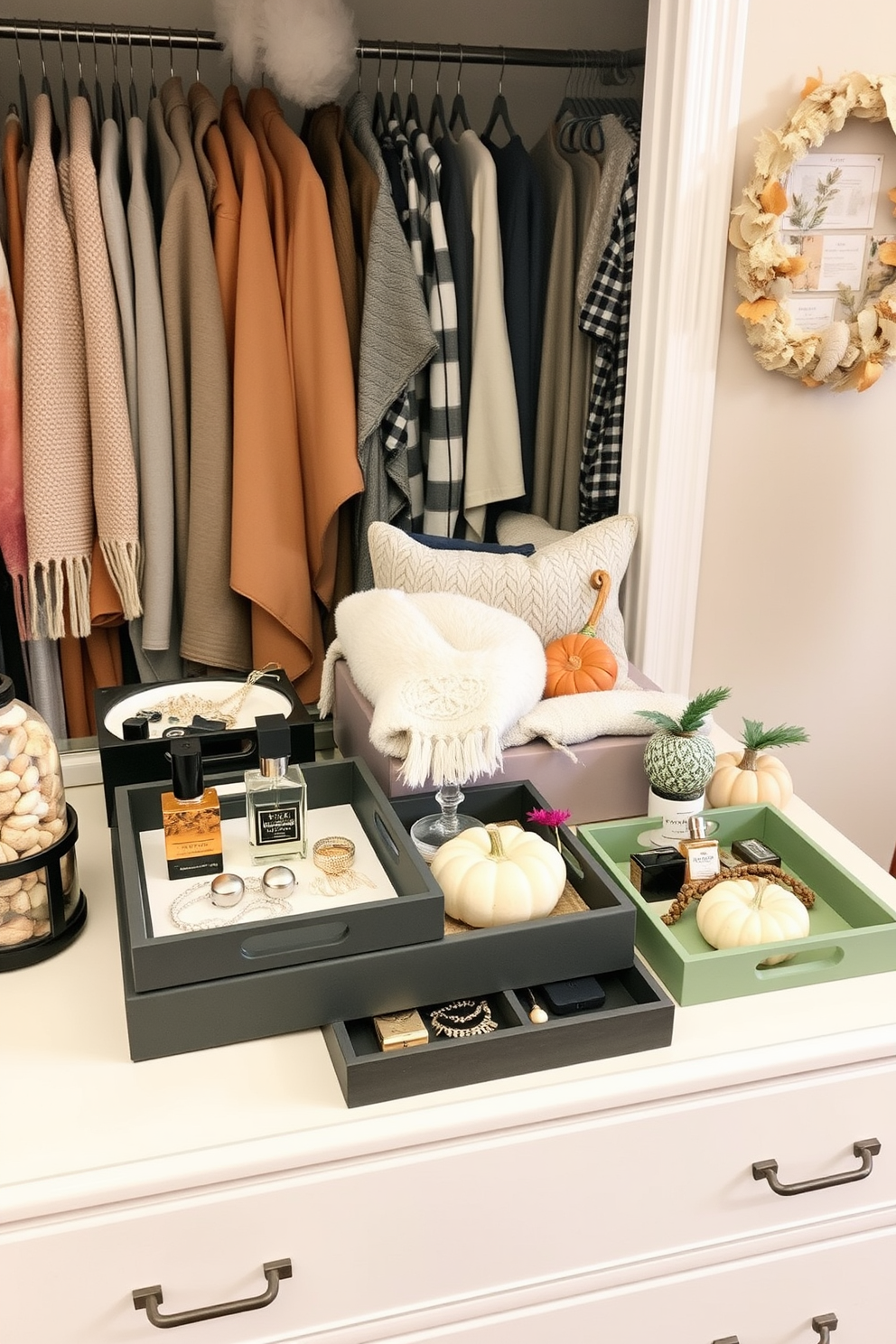 A collection of decorative trays arranged on a stylish dresser. Each tray features a unique design and color, showcasing various accessories such as jewelry, perfumes, and small plants. A cozy fall closet decorated with warm tones and seasonal accents. Soft blankets and decorative pumpkins are placed among neatly organized clothes, creating an inviting atmosphere.