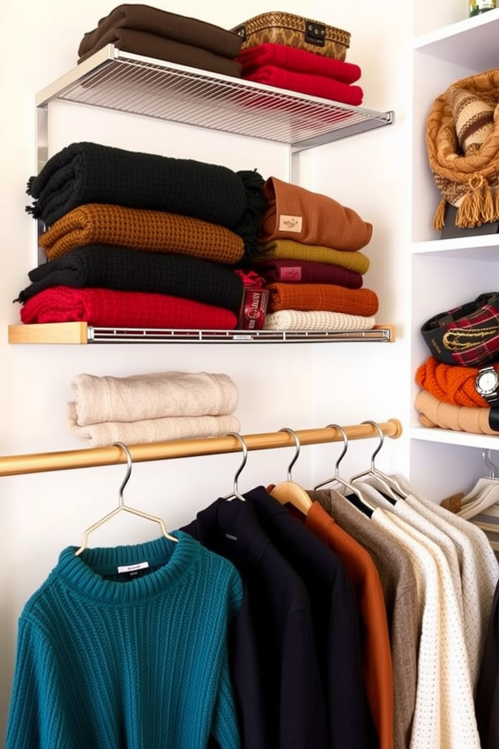 A stylish fall closet featuring wall-mounted shelves for extra storage. The shelves are adorned with neatly folded sweaters and seasonal accessories, creating an organized and inviting atmosphere.