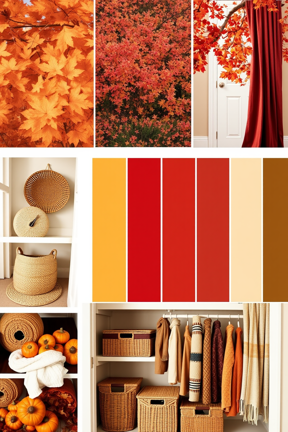 Mood boards featuring autumn colors. Rich oranges, deep reds, and warm yellows blend harmoniously to evoke the essence of fall. Fall closet decorating ideas. Incorporate cozy textures like knitted baskets and soft throws to create an inviting and organized space.