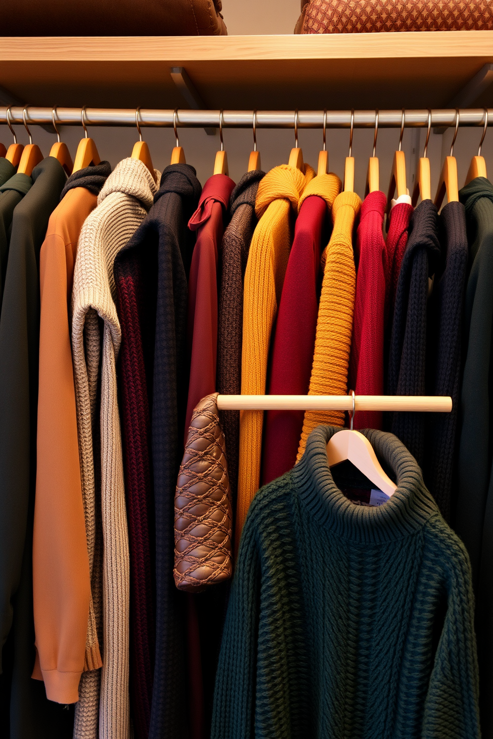 A seasonal clothing display features an array of fall garments elegantly arranged on sleek wooden hangers. Rich hues of burgundy, mustard, and forest green dominate the collection, creating a warm and inviting atmosphere. The closet is adorned with soft lighting that highlights the textures of the fabrics and the beauty of the seasonal colors. Cozy knitwear is paired with stylish accessories, creating a visually appealing and organized space that embodies the essence of fall.