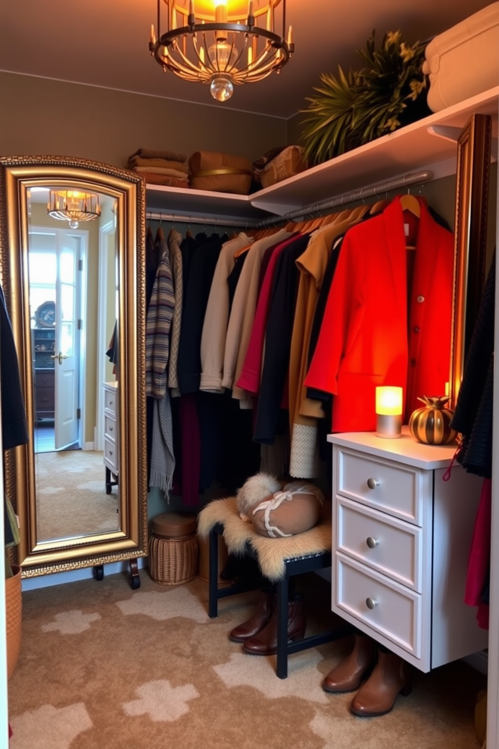 A cozy fall closet featuring warm lighting reflects off beautifully arranged mirrors. The space is adorned with rich textures and seasonal colors, creating an inviting atmosphere.