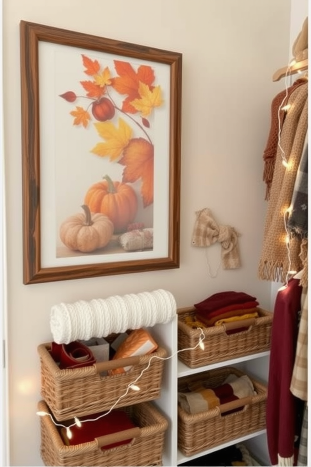 Autumn-themed wall art features a collection of warm-toned leaves and pumpkins arranged in a cozy setting. The artwork is framed in rustic wood, complementing the rich hues of orange, yellow, and deep red. The Fall Closet is decorated with seasonal touches, including knitted scarves and plush throw blankets neatly organized on shelves. Decorative baskets in earthy tones hold accessories, while fairy lights add a warm glow to the space.