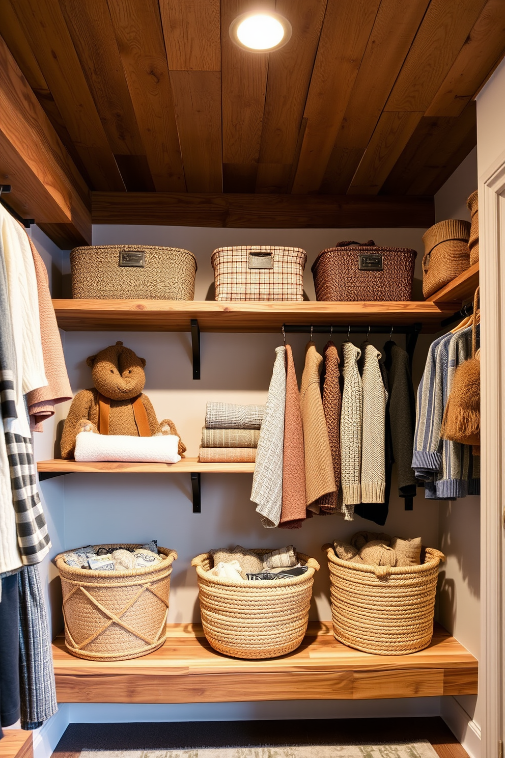 Natural wood elements create a warm and inviting atmosphere in a rustic-themed fall closet. The shelves are made of reclaimed wood, adorned with cozy knit sweaters and earthy-toned accessories. Soft lighting highlights the rich textures of the wooden beams overhead, enhancing the rustic charm. Decorative baskets made from natural fibers store seasonal items, adding both functionality and style.