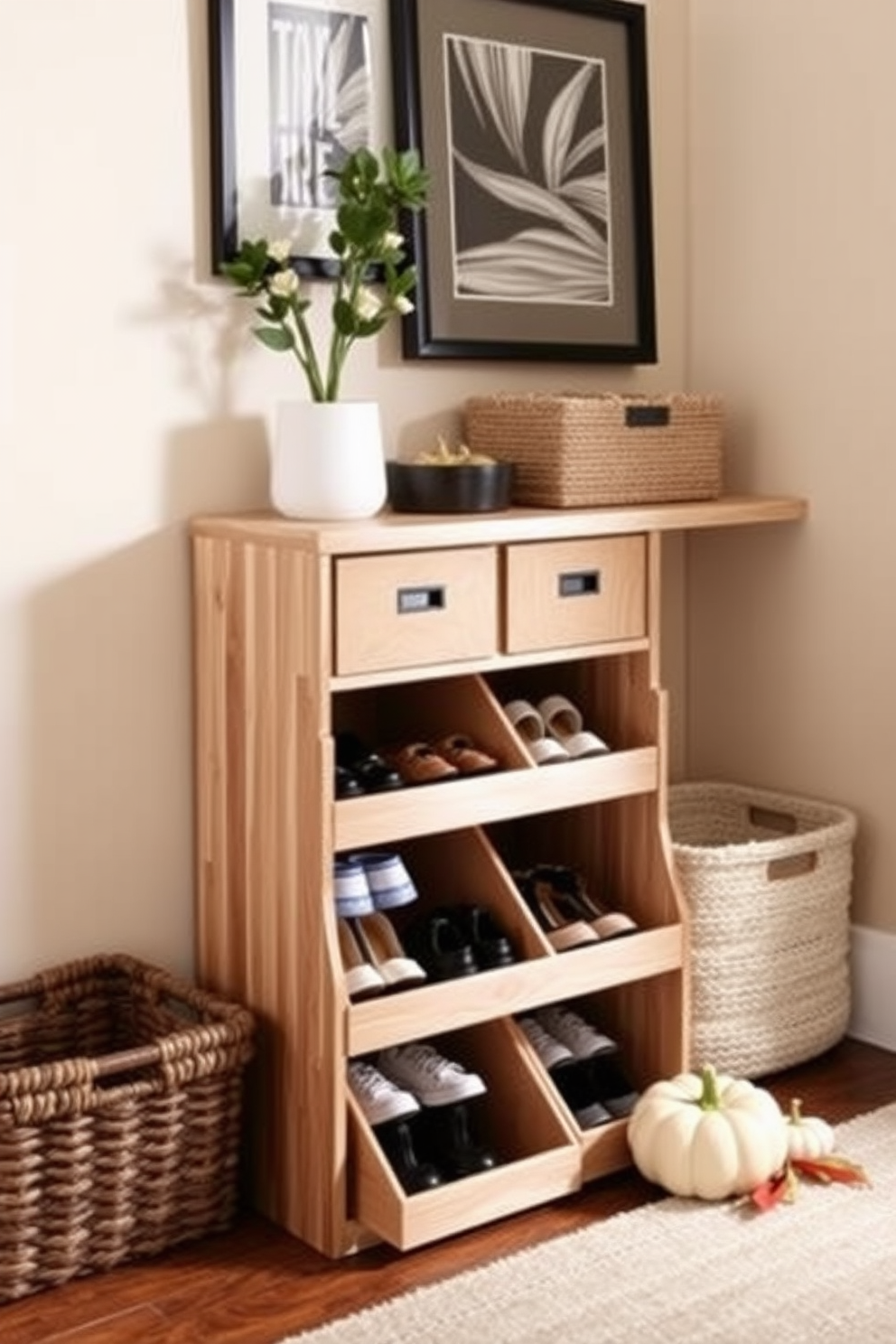 A stylish shoe organizer featuring a sleek design made of natural wood with compartments for various shoe sizes. The organizer is placed against a backdrop of soft beige walls, with decorative elements like a potted plant and a framed art piece above it. Fall closet decorating ideas include warm-toned storage boxes and cozy knit baskets to enhance organization. Incorporate seasonal touches like small pumpkins and autumn leaves to create a welcoming atmosphere.