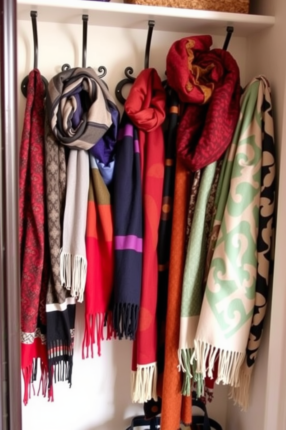 A stylish fall closet features an array of artful scarves elegantly hung on decorative hooks. The vibrant colors and patterns of the scarves create a visually interesting focal point, adding warmth and personality to the space.