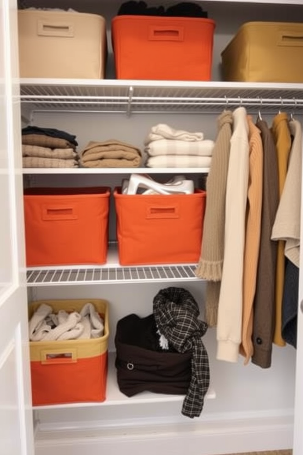 Create a fall closet that features fabric bins in various warm colors for easy access. The bins should be neatly arranged on shelves, allowing for effortless organization of seasonal clothing and accessories.