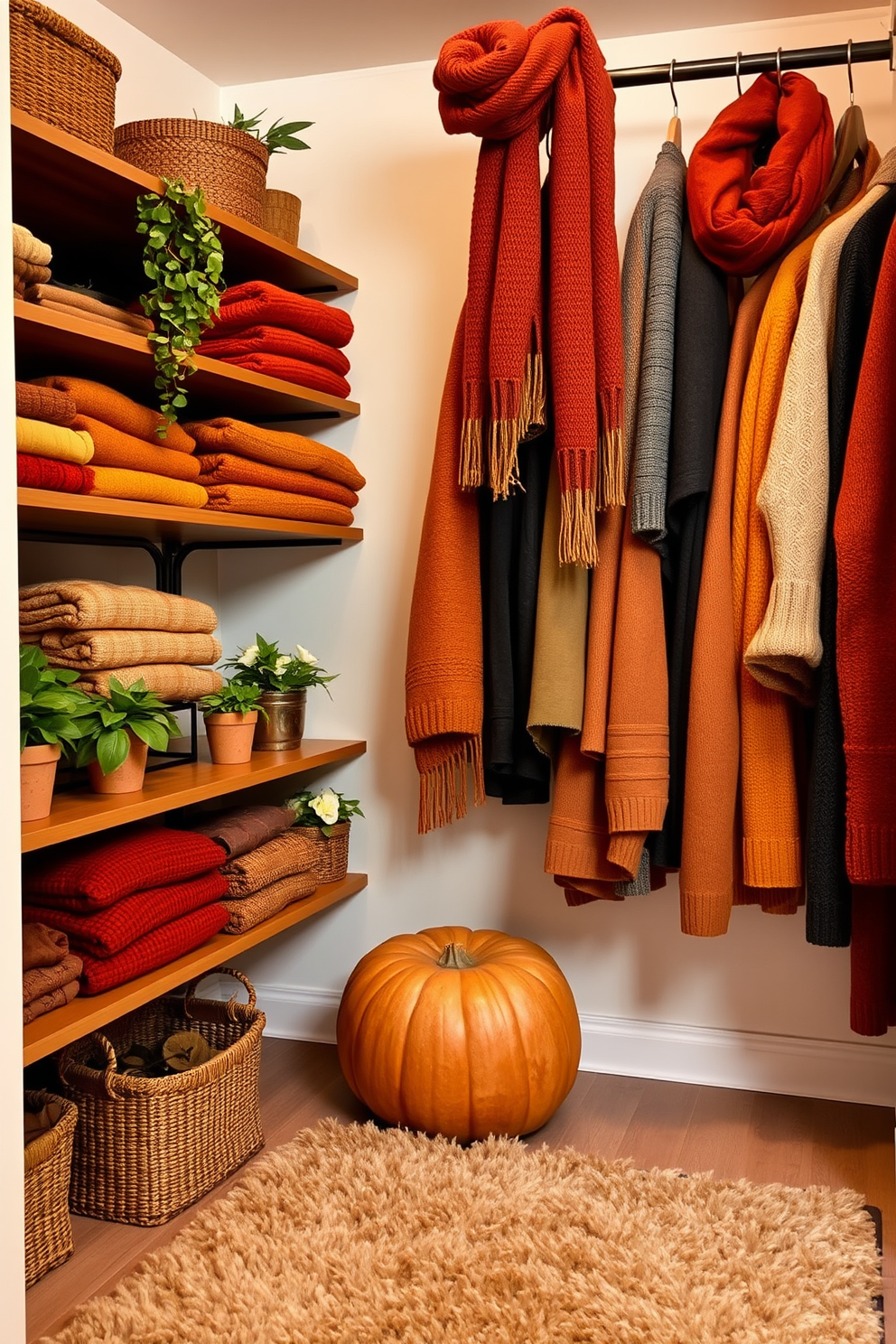 A cozy fall closet space adorned with warm, earthy tones. Shelves lined with neatly folded sweaters in shades of rust and mustard, while a few potted plants add a touch of greenery and freshness. Hanging above, a collection of scarves in rich autumn hues drapes elegantly. The floor features a soft, textured rug that complements the seasonal decor, creating a welcoming atmosphere.