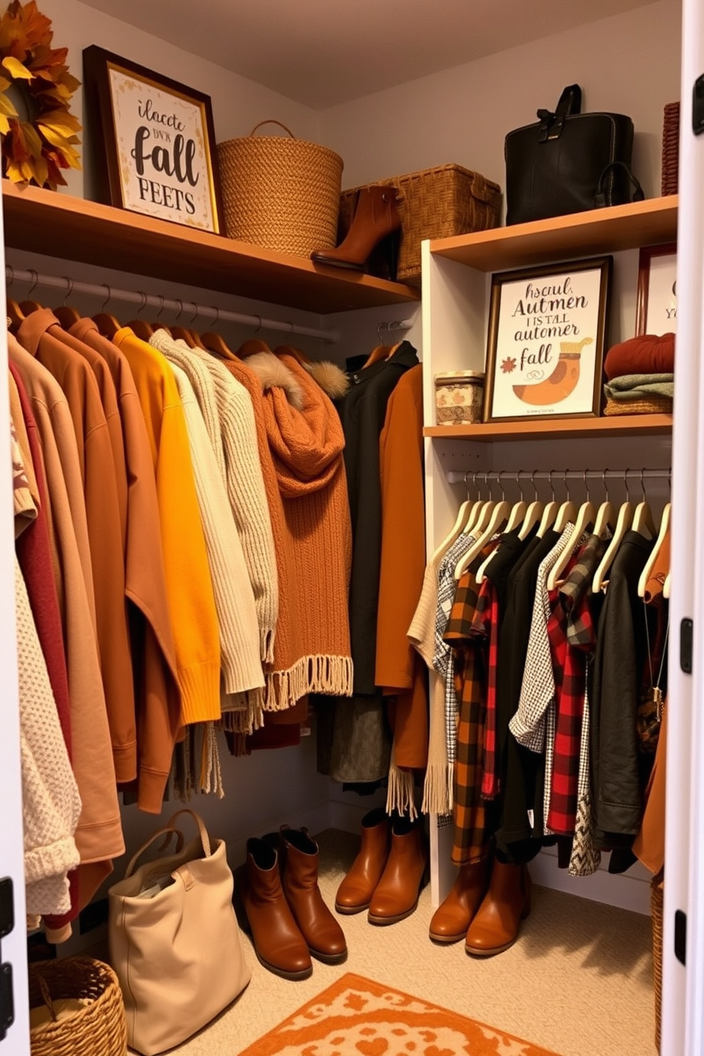 A cozy fall closet filled with stylish seasonal clothing and accessories. The walls are adorned with framed quotes about autumn, featuring warm colors and inviting designs.