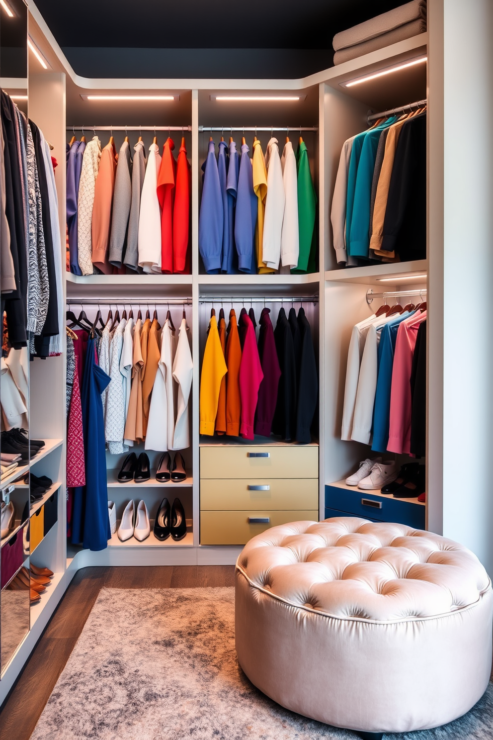 A stylish closet featuring a color-coordinated clothing arrangement. Each section of the closet showcases garments organized by color, creating a visually appealing gradient effect. Soft lighting highlights the neatly arranged shoes and accessories on display. A cozy seating area with a plush ottoman adds comfort and functionality to the space.