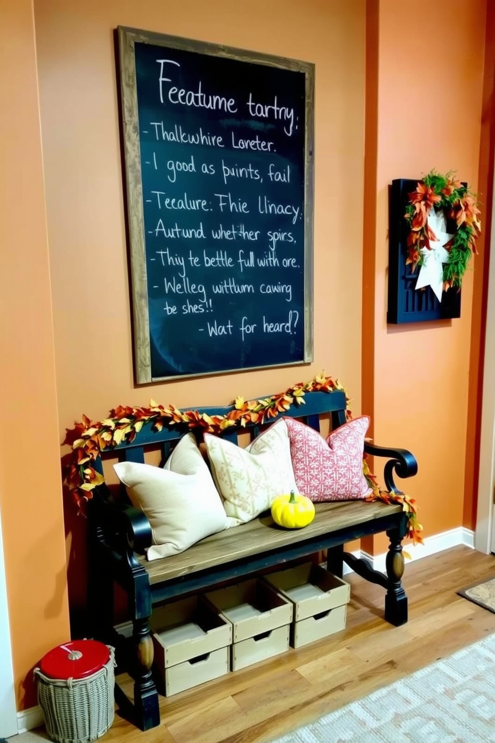 A cozy entryway features a large chalkboard mounted on the wall, perfect for writing seasonal reminders and messages. Below the chalkboard, a rustic bench adorned with colorful throw pillows provides a welcoming spot for guests to sit while removing their shoes. The surrounding walls are painted in warm autumn hues, enhancing the seasonal atmosphere. Decorative elements like small pumpkins and garlands of fall leaves are arranged on the bench, creating a festive and inviting display.