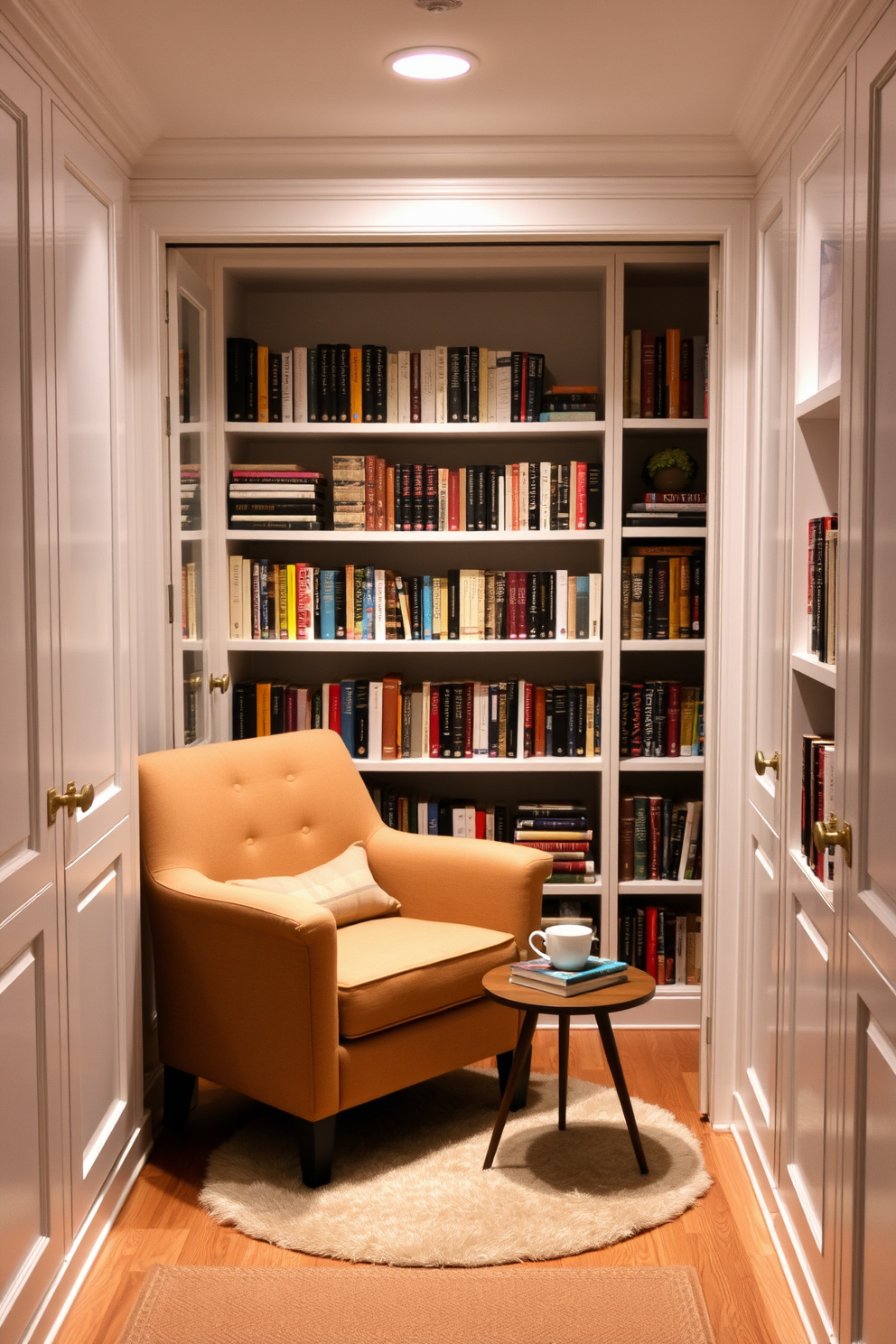 A cozy reading nook is nestled in a spacious closet filled with soft, ambient lighting. A plush armchair in a warm fabric is positioned next to a small side table, adorned with a stack of books and a steaming cup of tea. The walls are lined with built-in shelves showcasing an array of colorful books and decorative items. A soft area rug lies beneath the chair, inviting you to settle in and enjoy a peaceful moment surrounded by your favorite reads.