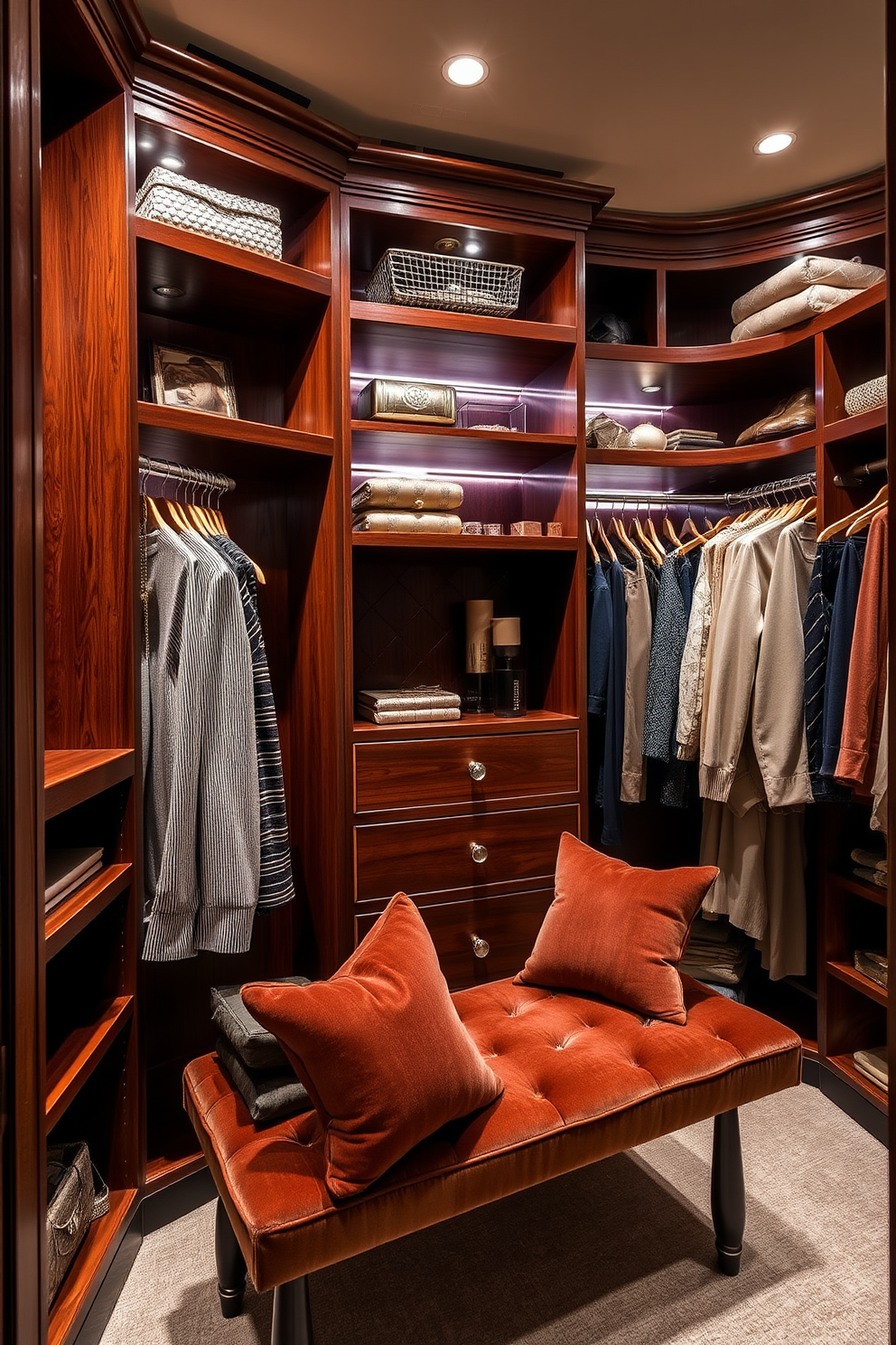 A luxurious fall closet featuring rich wooden shelves and soft ambient lighting. Metallic accents in gold and silver are incorporated through decorative hardware and hanging accessories, adding an elegant touch to the overall design. The walls are painted in a warm taupe, creating a cozy backdrop for the seasonal wardrobe. Plush velvet cushions are placed on a stylish bench, inviting relaxation while choosing outfits.