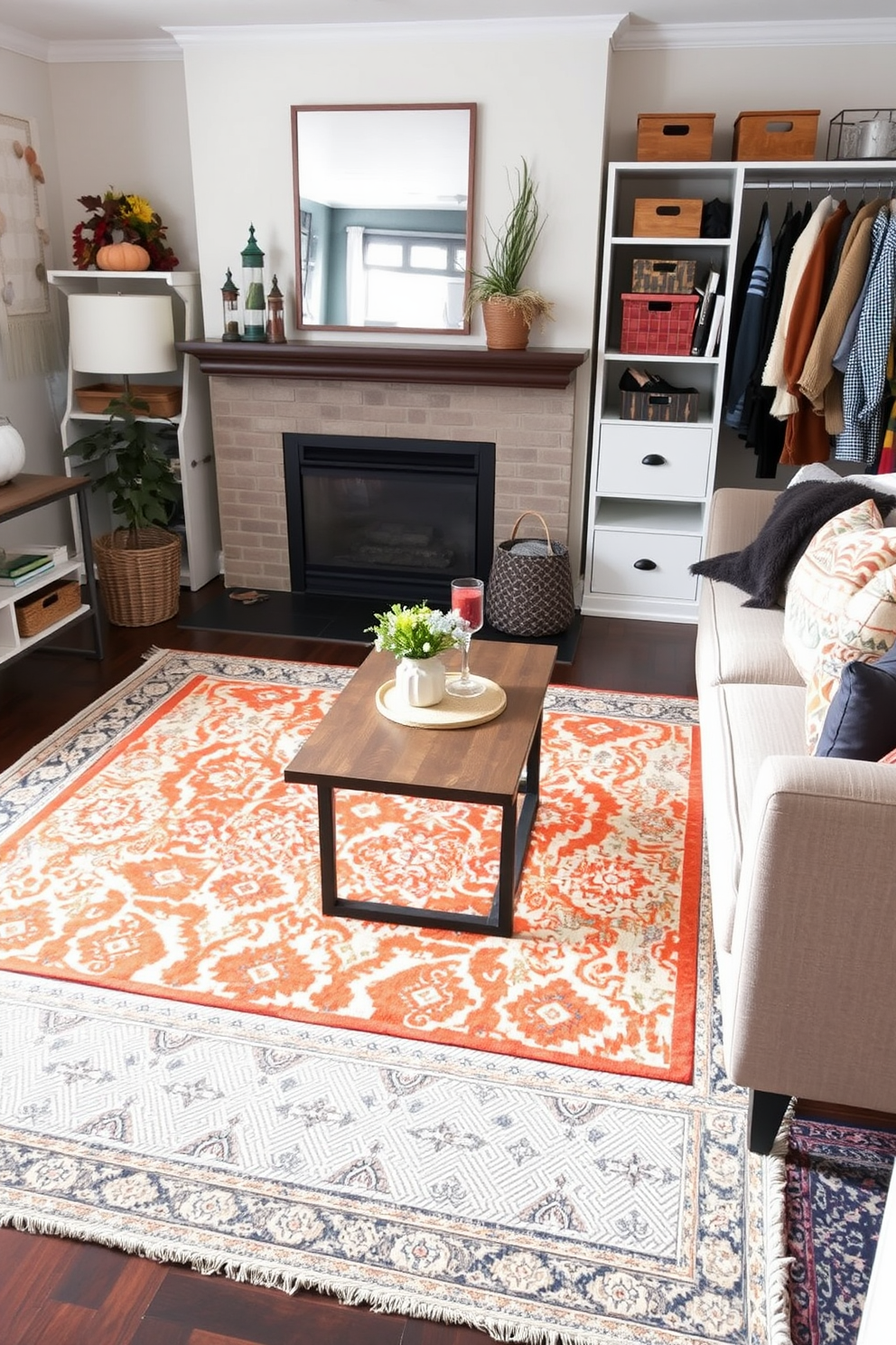 Layered rugs in a cozy living room create an inviting atmosphere with a mix of patterns and colors. The top rug features a bold geometric design while the bottom one offers a soft, neutral base, enhancing the overall texture and warmth of the space. For fall closet decorating ideas, incorporate rich autumn colors and seasonal accessories to refresh your wardrobe space. Use decorative bins and hangers in warm tones to create an organized and visually appealing closet that reflects the beauty of the season.