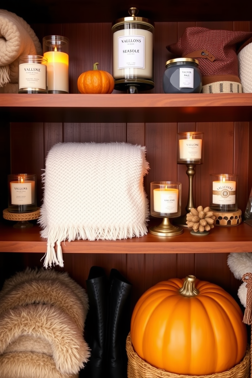 Create a cozy fall-themed closet space filled with seasonal scented candles that emit warm and inviting fragrances. The closet features rich wooden shelving adorned with plush blankets and stylish fall accessories, creating an atmosphere of comfort and elegance.