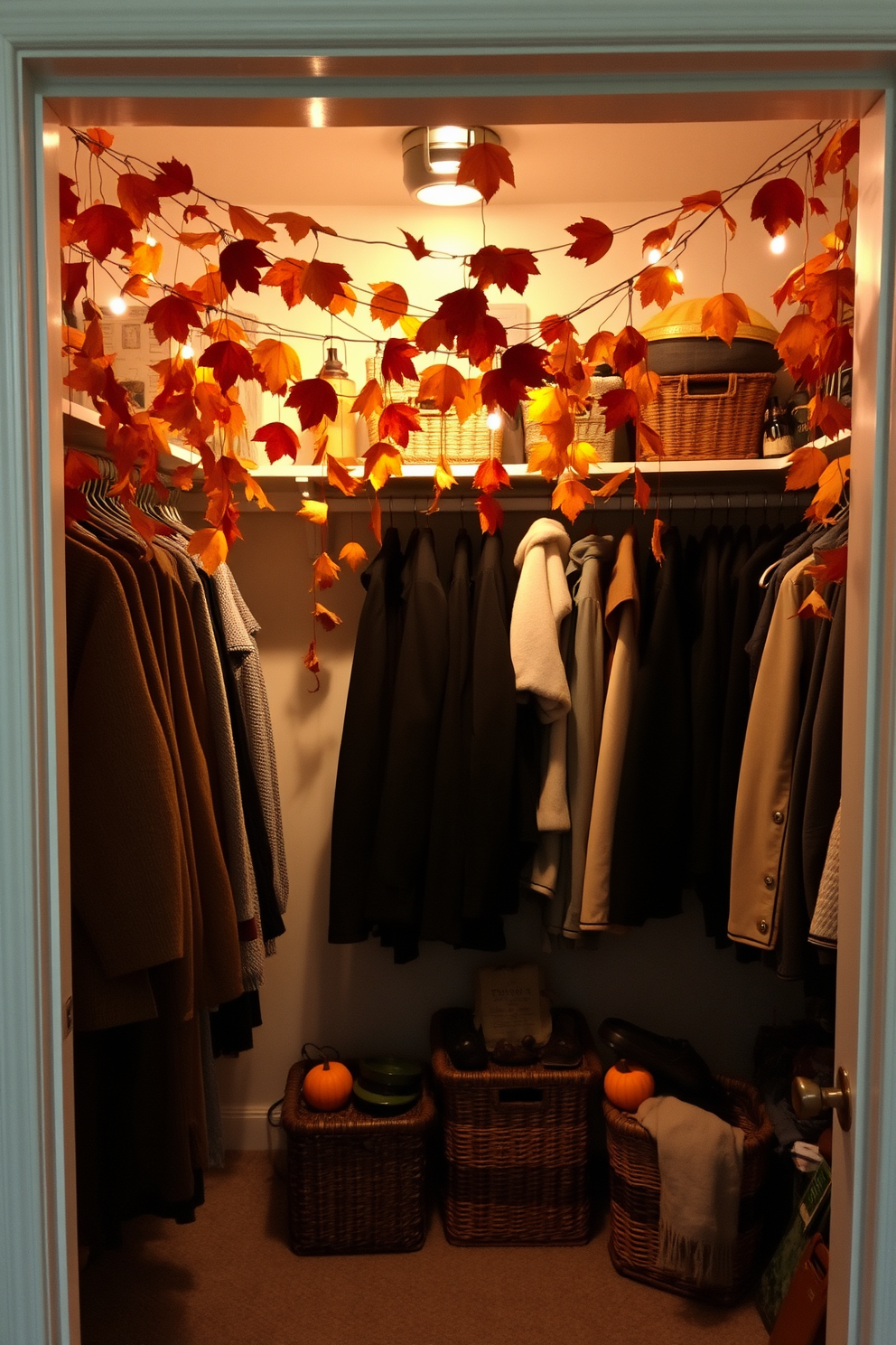 A cozy fall closet adorned with hanging dried leaves creates a warm and inviting atmosphere. The leaves are artfully arranged to complement seasonal colors, enhancing the overall aesthetic of the space. Soft lighting highlights the natural decor, casting gentle shadows that bring the closet to life. A few decorative baskets and seasonal accessories are neatly placed to complete the look, making it both functional and stylish.