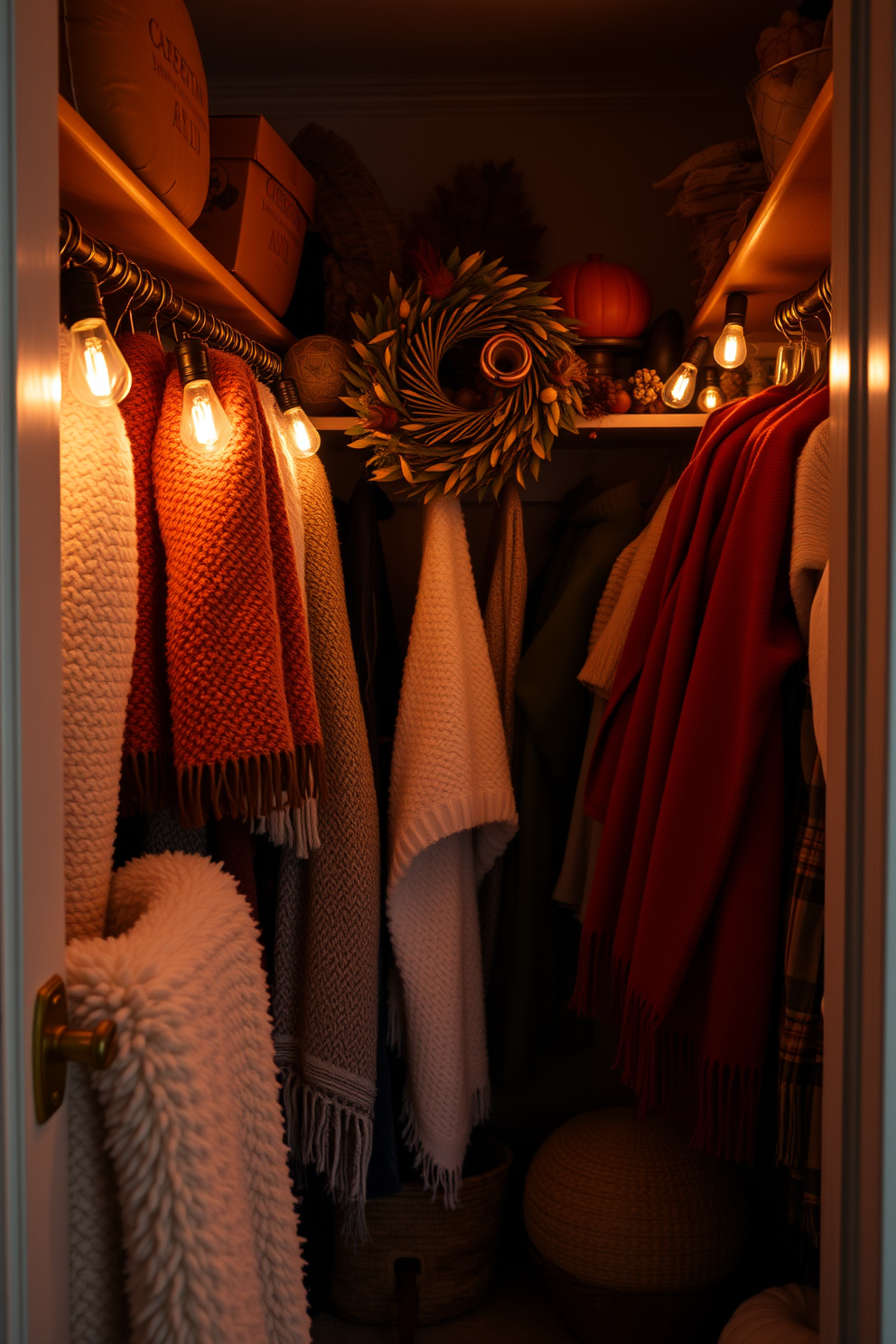 A cozy fall closet featuring soft lighting with warm bulbs creates an inviting atmosphere. The closet is adorned with plush blankets and seasonal decor, showcasing rich autumn colors and textures.