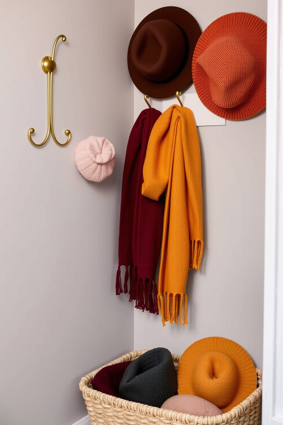 A stylish fall closet features decorative hooks for scarves and hats arranged in an aesthetically pleasing manner. The hooks are made of brushed gold and are mounted on a soft gray wall, creating a warm and inviting atmosphere. The closet is organized with seasonal colors, showcasing rich burgundy and mustard yellow scarves draped elegantly. A cozy knit basket sits below, holding a collection of hats that complement the overall fall theme.