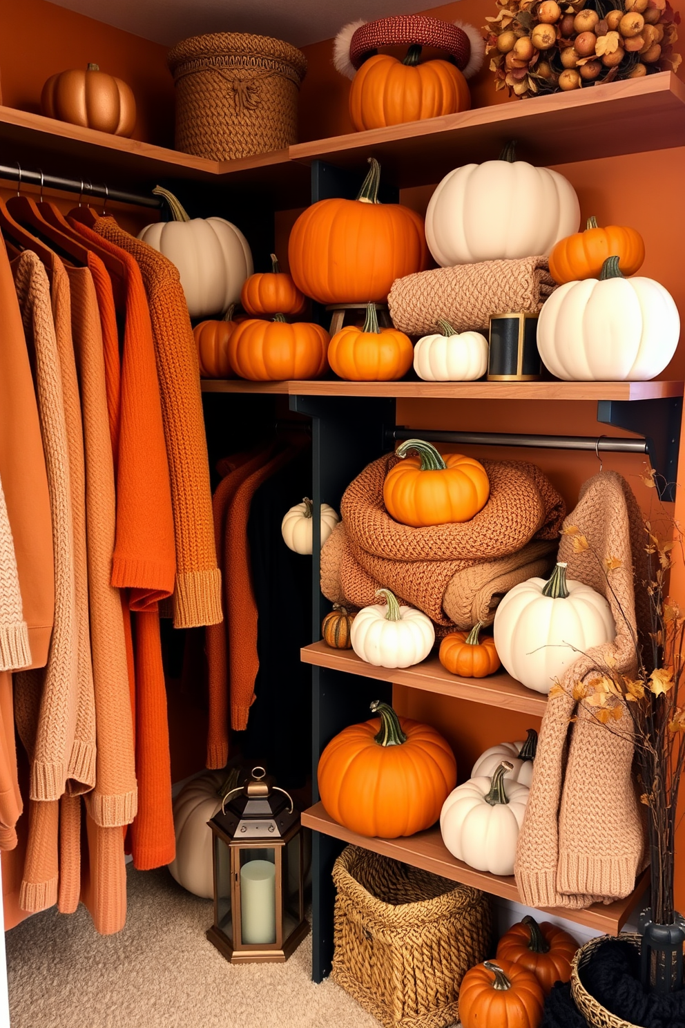 A cozy fall closet featuring pumpkin accents. Soft orange and cream pumpkins are artfully arranged on the shelves alongside cozy sweaters and scarves. The walls are adorned with warm autumn colors, creating an inviting atmosphere. Decorative elements like small lanterns and dried leaves enhance the festive touch.