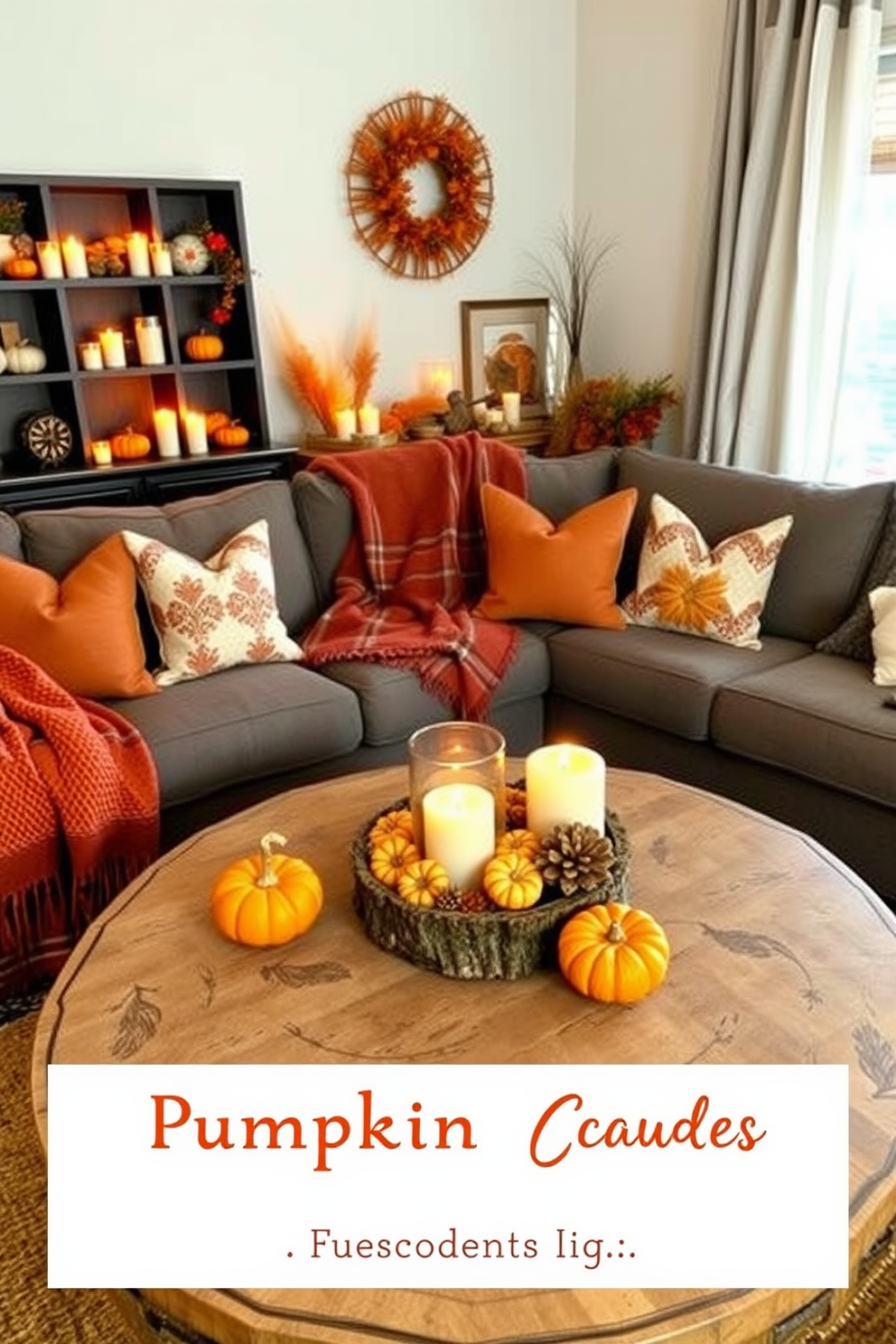 A cozy living room adorned with candles in autumn scents such as pumpkin. The warm glow of the candles complements the rich hues of orange and brown in the fall decorations scattered throughout the space. Plush throw blankets and decorative pillows in seasonal colors create an inviting atmosphere. A rustic coffee table is adorned with small pumpkins and a fragrant candle centerpiece, enhancing the autumn ambiance.