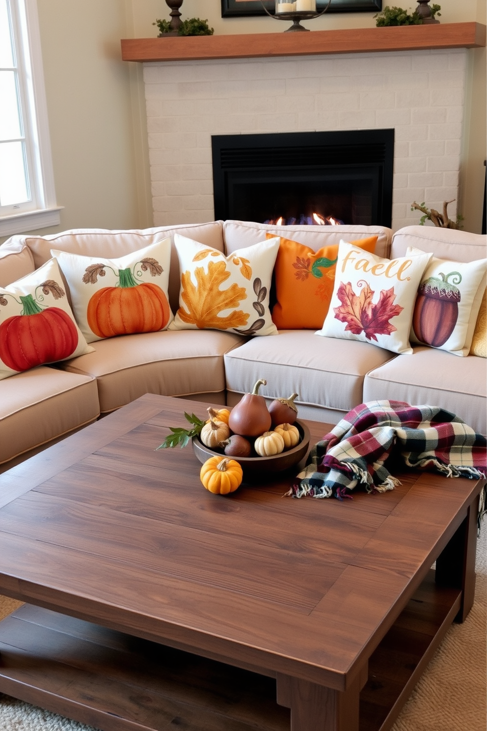 Throw pillows adorned with vibrant fall motifs such as pumpkins, leaves, and acorns are arranged on a cozy beige sofa. The pillows feature rich colors like deep orange, mustard yellow, and rustic brown, adding warmth to the living space. A rustic wooden coffee table sits in front of the sofa, decorated with a small centerpiece of seasonal gourds and a plaid throw blanket draped over one side. The backdrop includes a softly lit fireplace, enhancing the inviting atmosphere of the room.