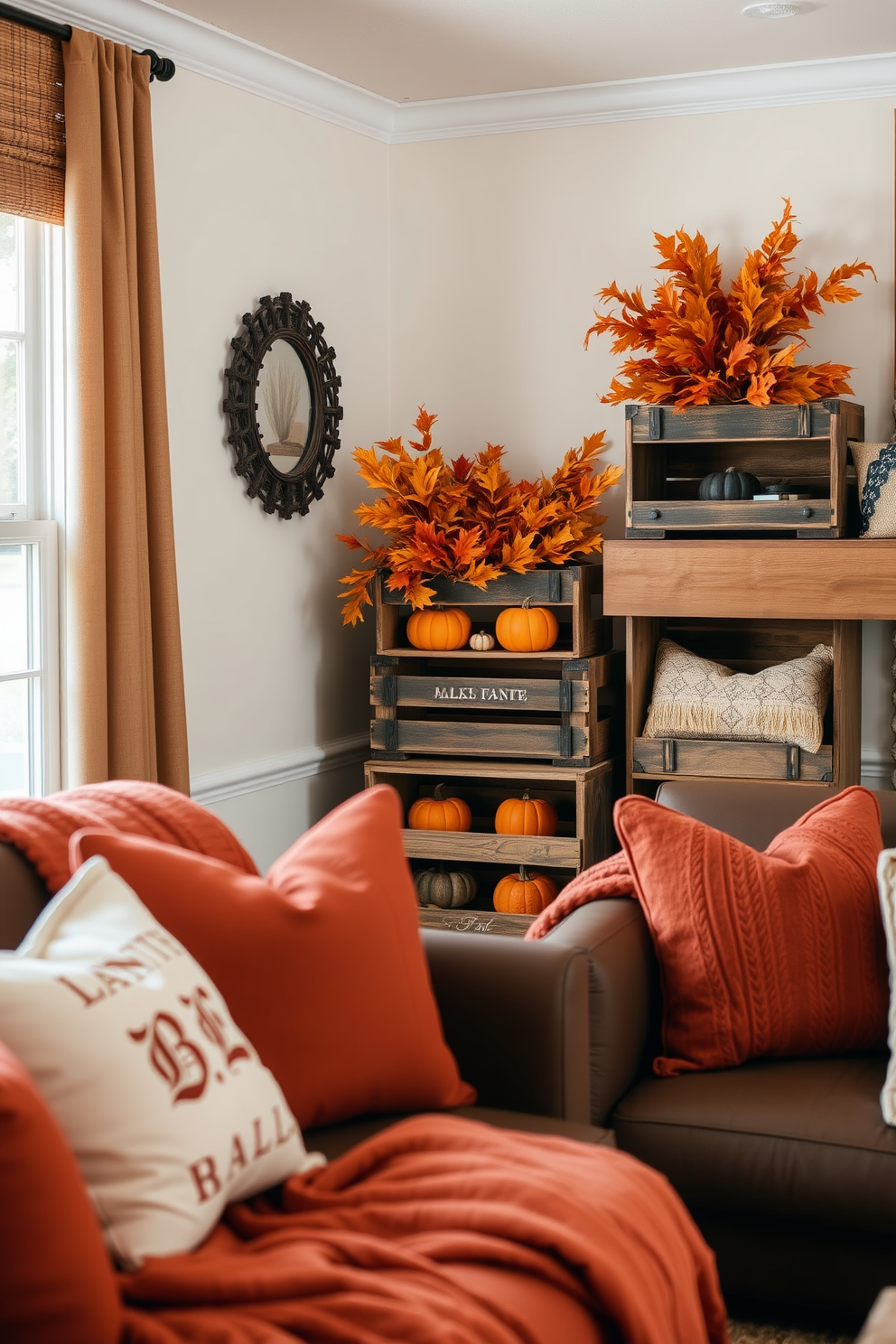 A cozy living room adorned with vintage crates used as decorative storage. The crates are stacked creatively in a corner, filled with colorful autumn leaves and small pumpkins for a seasonal touch. The warm hues of the fall season are reflected in the rich textures of the room. Soft throw blankets and pillows in deep oranges and browns complement the rustic charm of the crates.