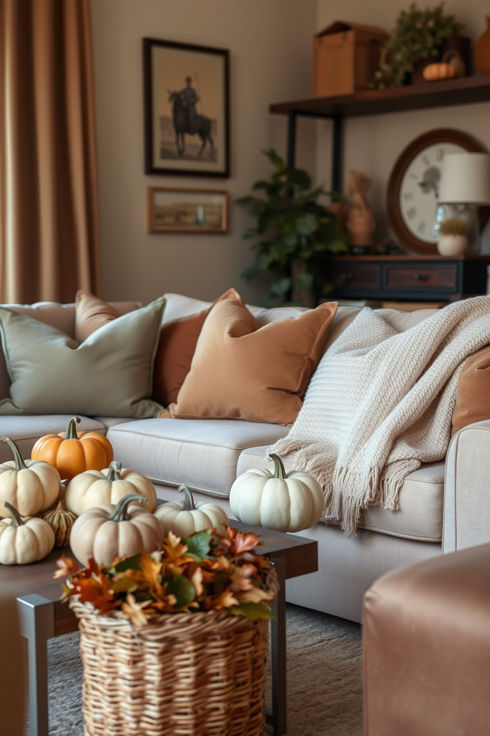 A cozy living room adorned with earthy tones in cushions and fabrics. Soft browns and warm greens create a harmonious atmosphere, complemented by a textured beige throw draped over a plush sofa. Decorative pumpkins in varying sizes are scattered across the coffee table, enhancing the fall theme. A woven basket filled with seasonal leaves sits in the corner, adding a touch of nature to the space.